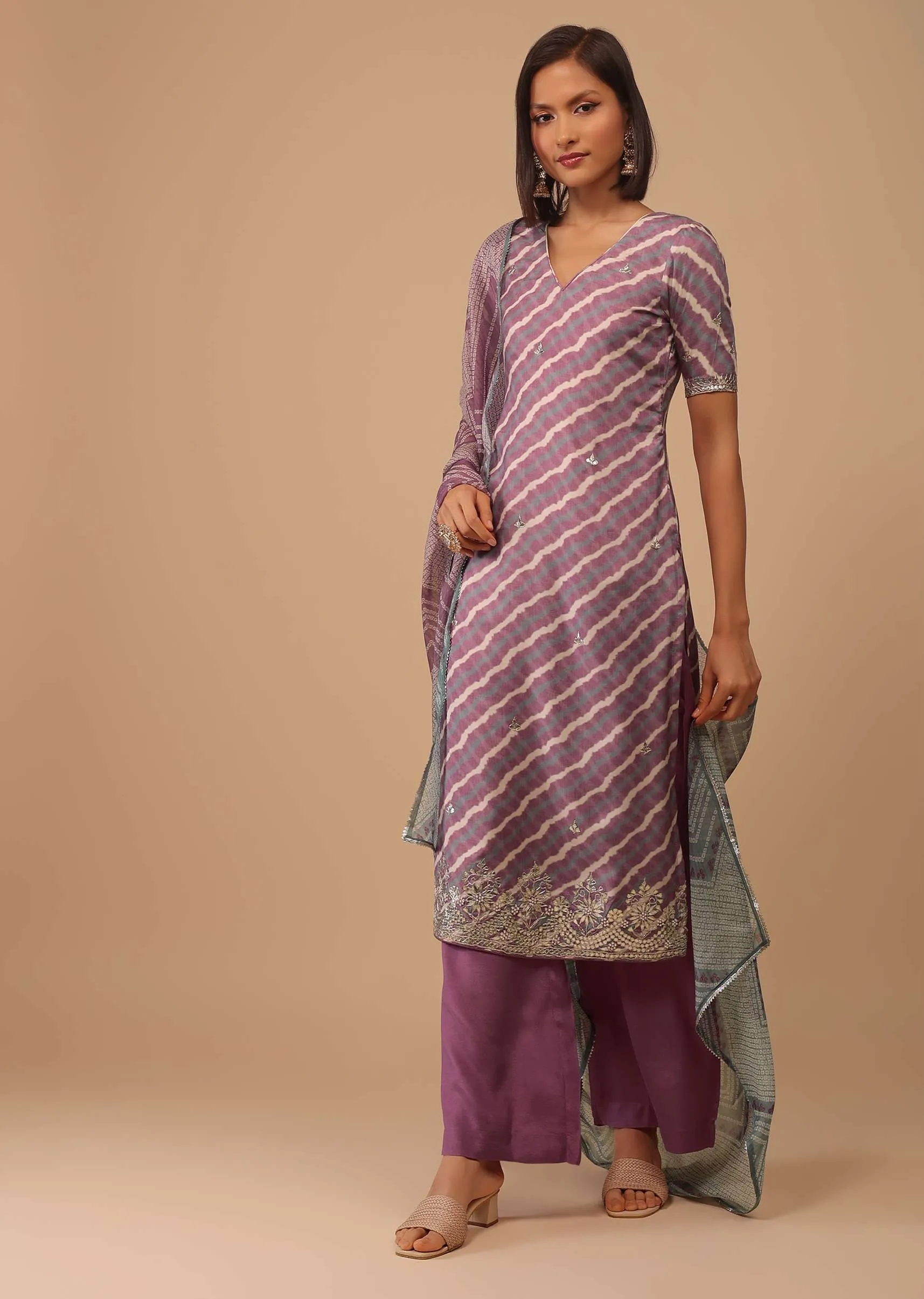 Mauve Purple Embroidered Leheriya Printed Cotton Palazzo Suit With Printed Dupatta
