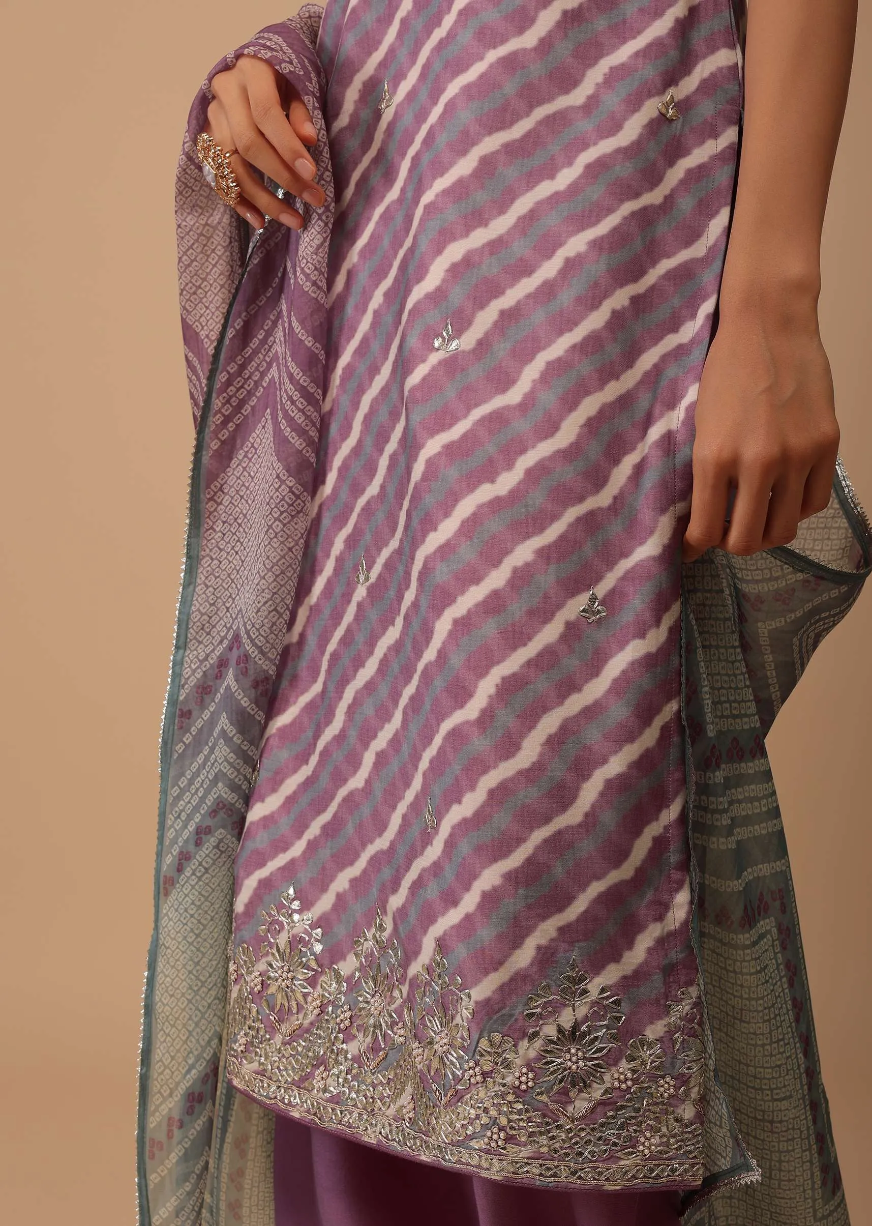 Mauve Purple Embroidered Leheriya Printed Cotton Palazzo Suit With Printed Dupatta