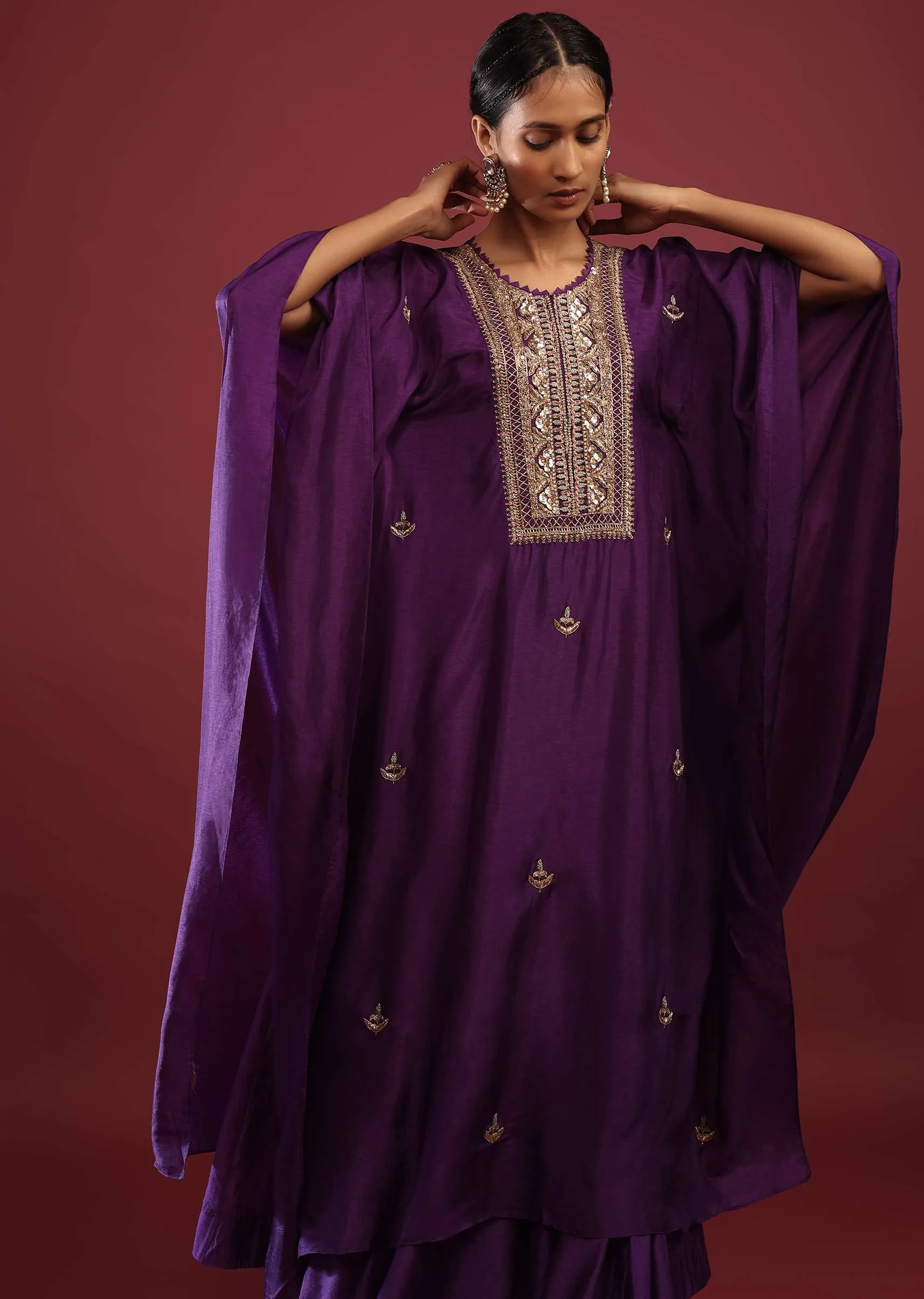 Mauve Purple Kaftan Suit With High Low Palazzo Pants And Zardosi Embroidered Yoke Design