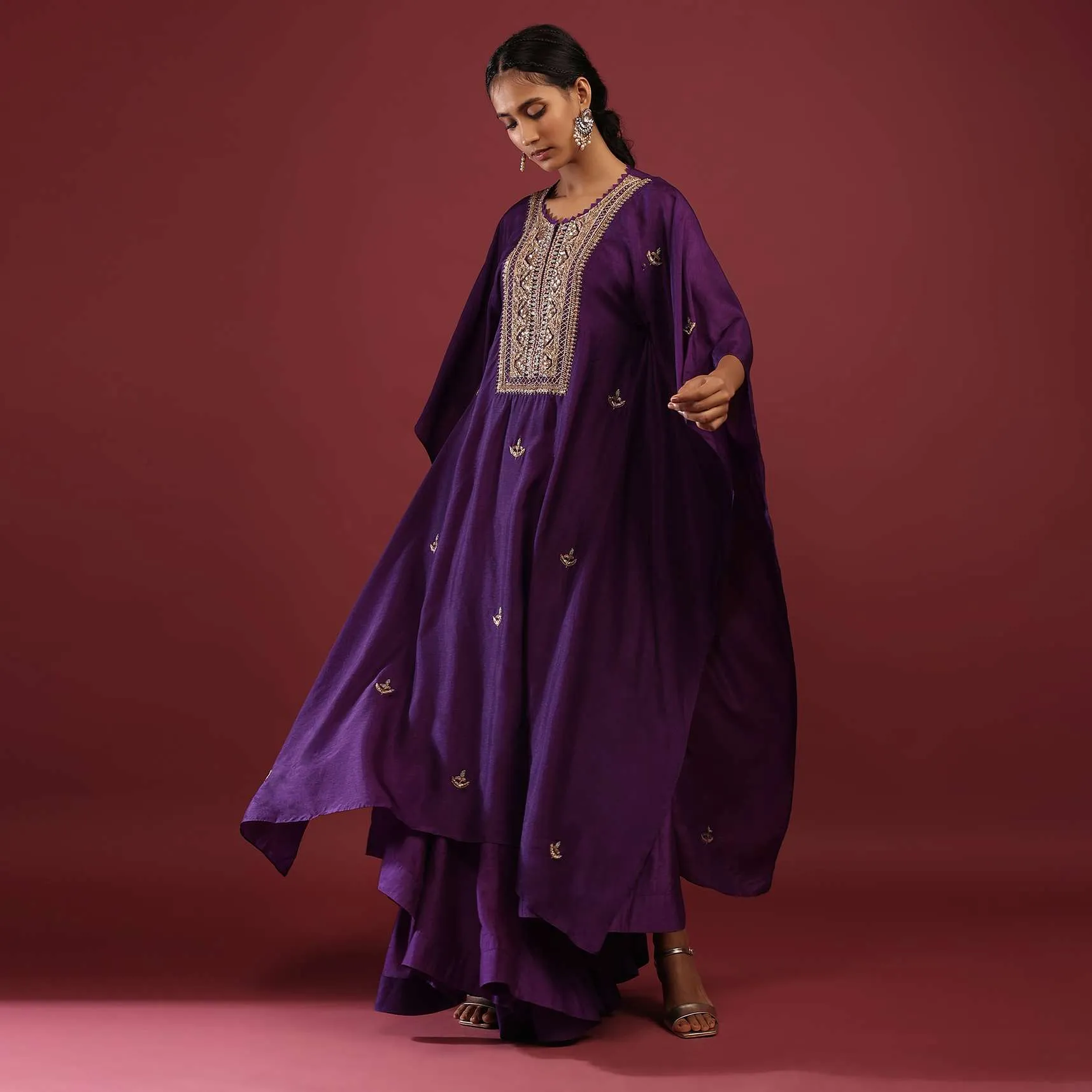 Mauve Purple Kaftan Suit With High Low Palazzo Pants And Zardosi Embroidered Yoke Design