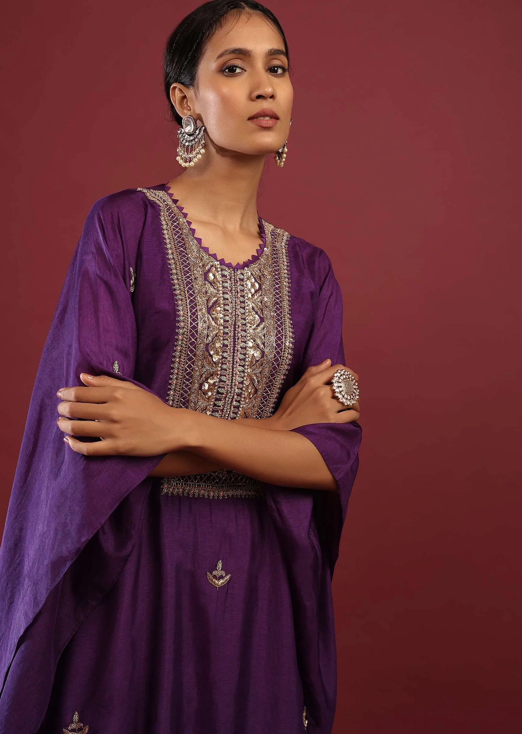 Mauve Purple Kaftan Suit With High Low Palazzo Pants And Zardosi Embroidered Yoke Design