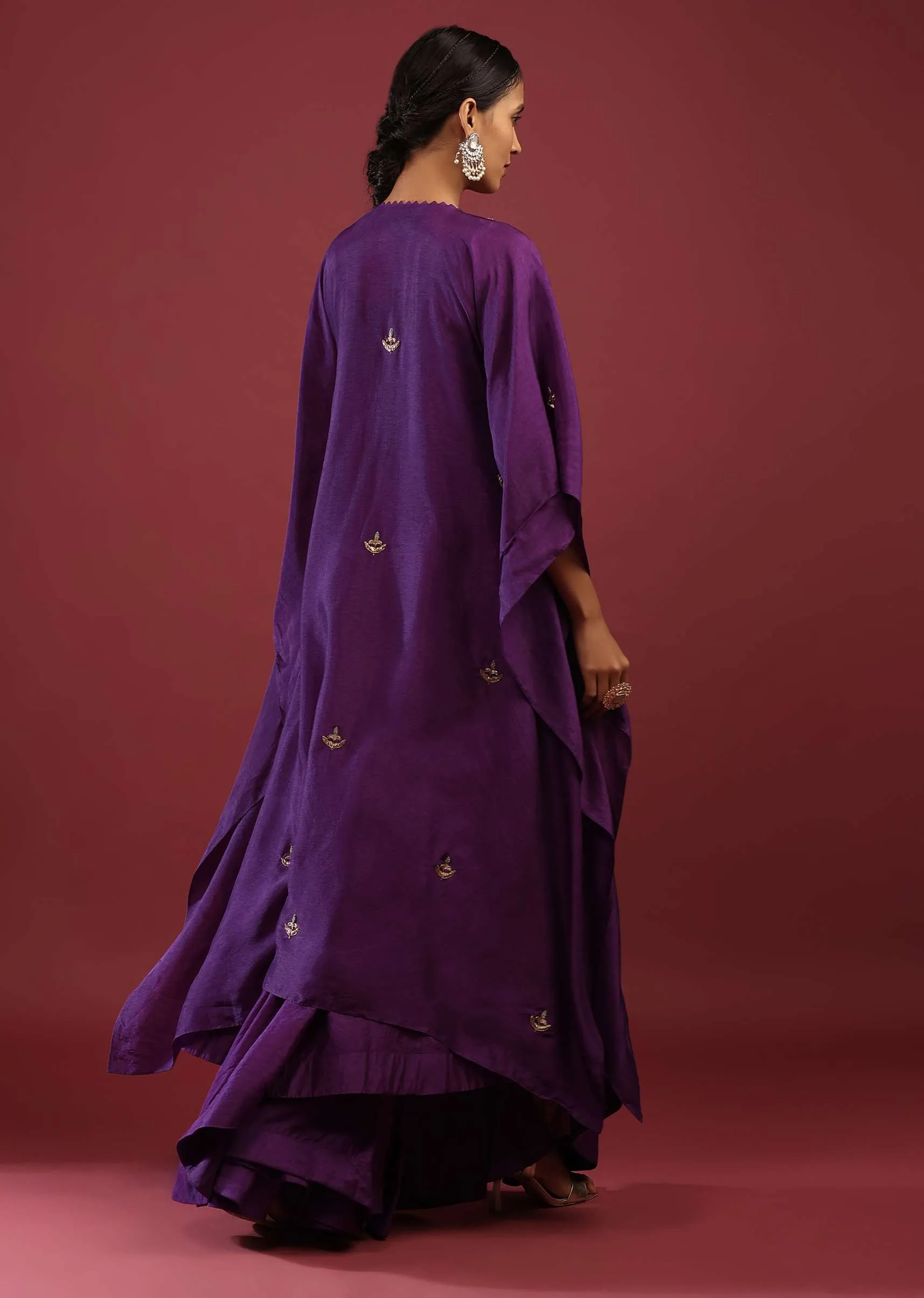 Mauve Purple Kaftan Suit With High Low Palazzo Pants And Zardosi Embroidered Yoke Design