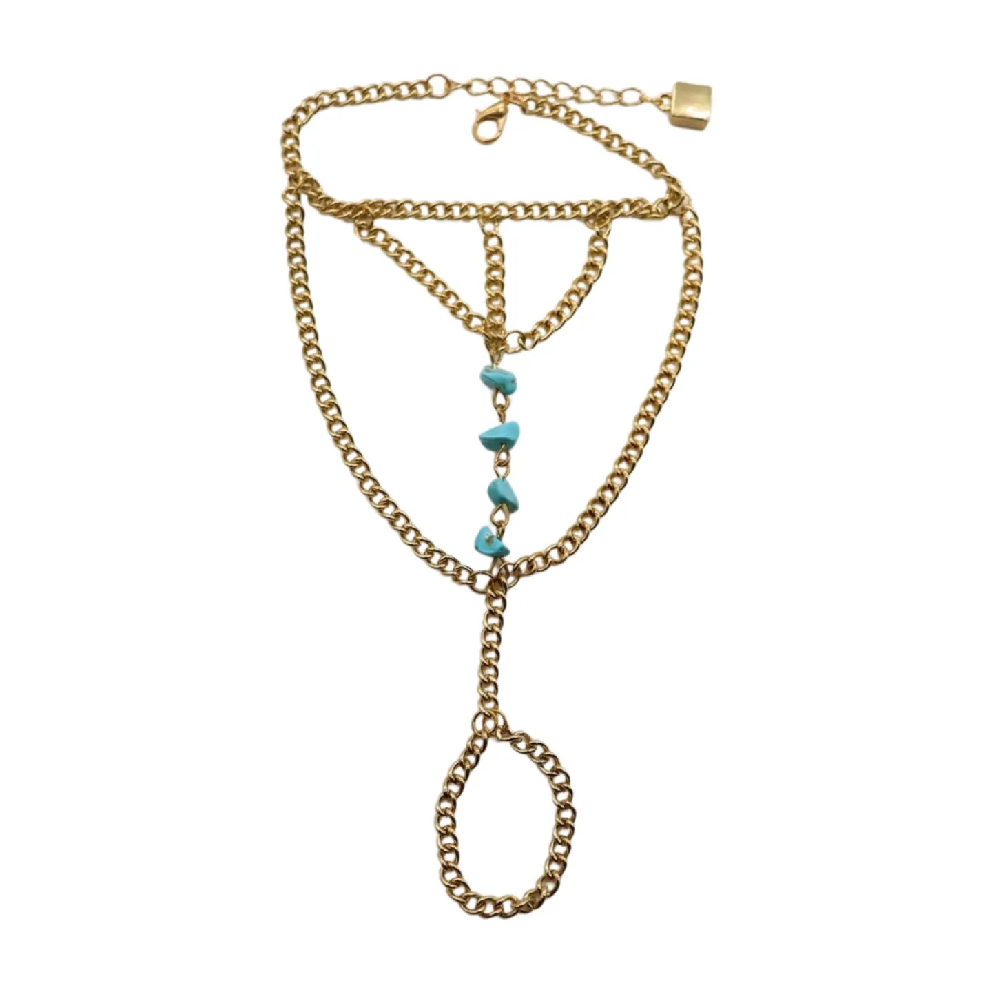 New Women Gold Metal Hand Chain Fashion Bracelet Ring Connected Turquoise Blue Beads