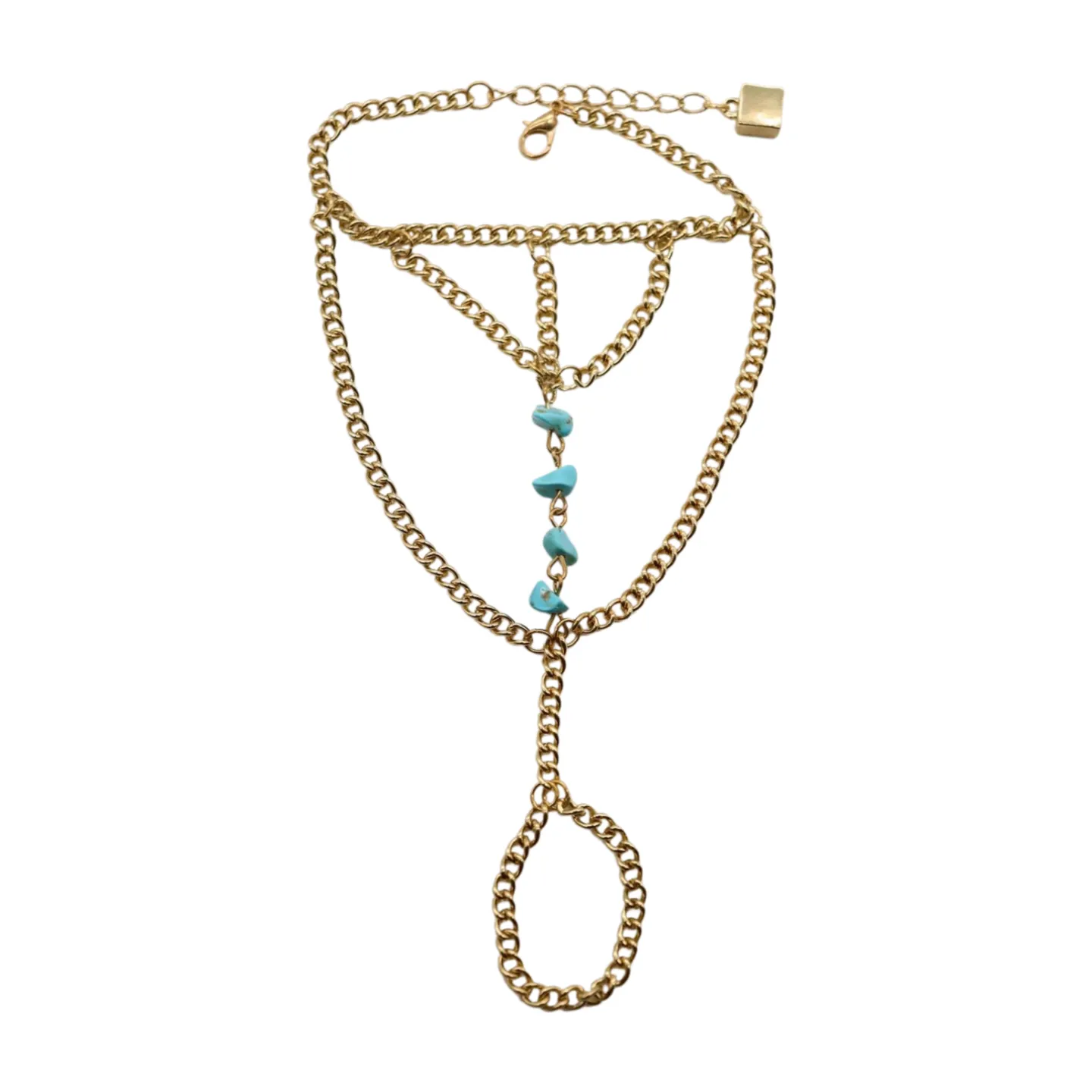 New Women Gold Metal Hand Chain Fashion Bracelet Ring Connected Turquoise Blue Beads