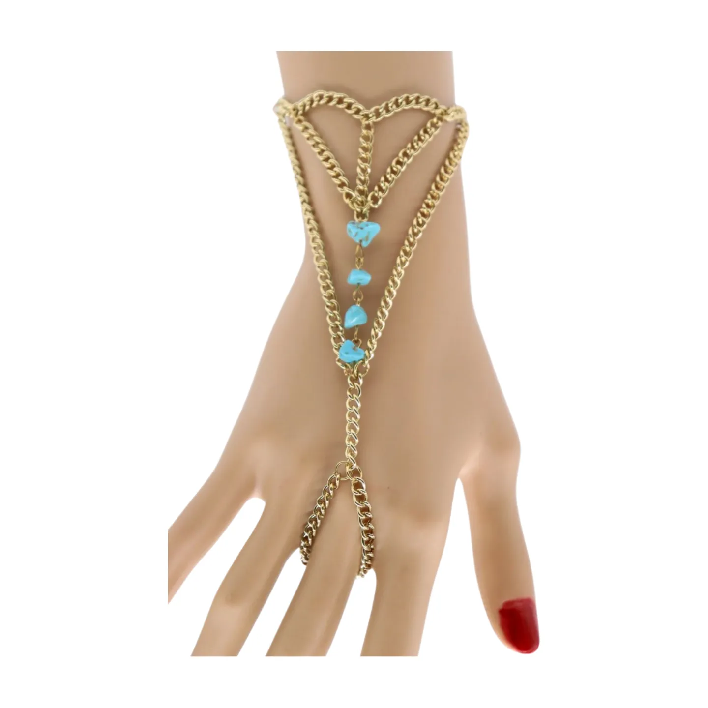 New Women Gold Metal Hand Chain Fashion Bracelet Ring Connected Turquoise Blue Beads