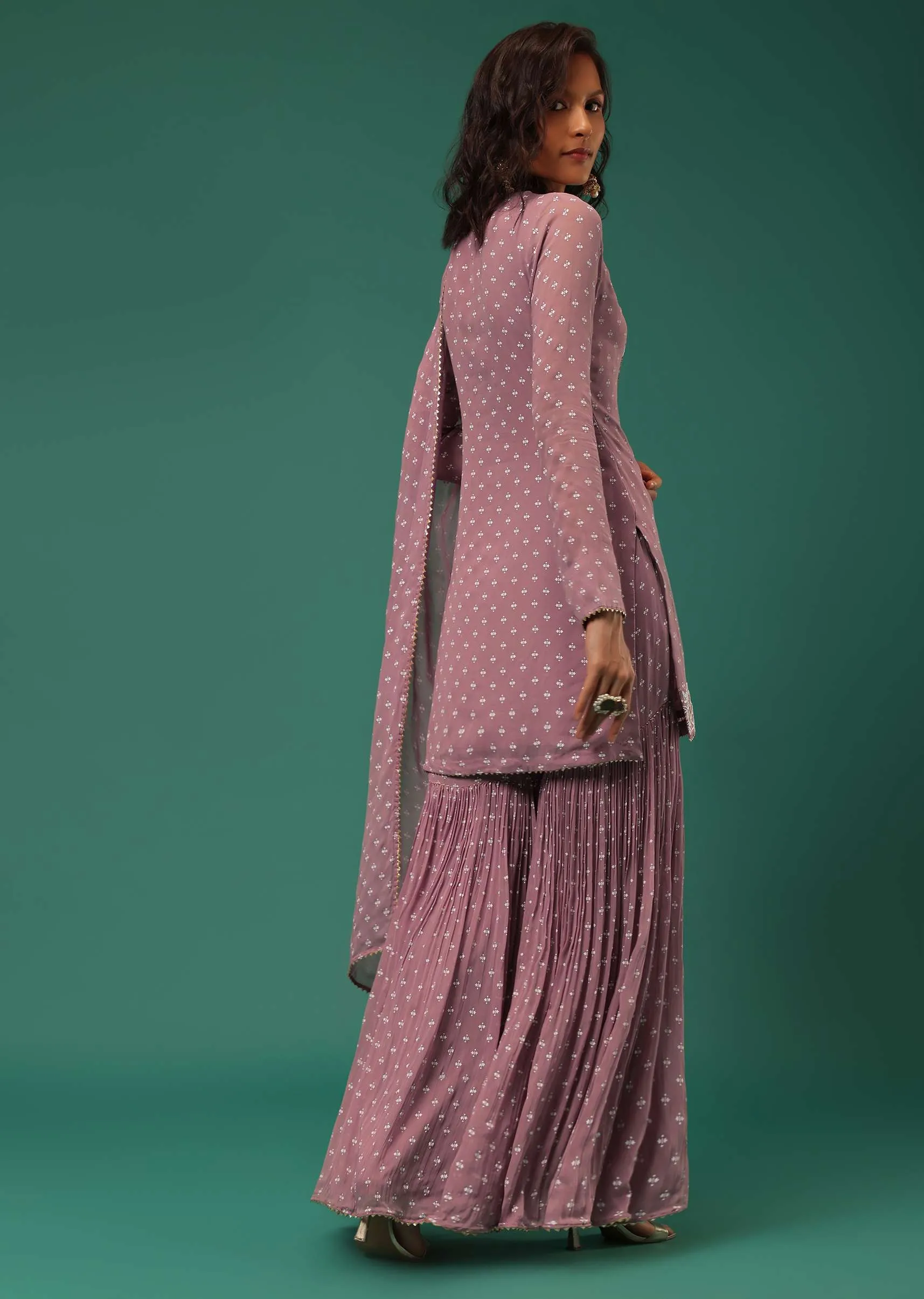 Onion Pink Embroidered Sharara Suit Set In Georgette With Hand Block Print