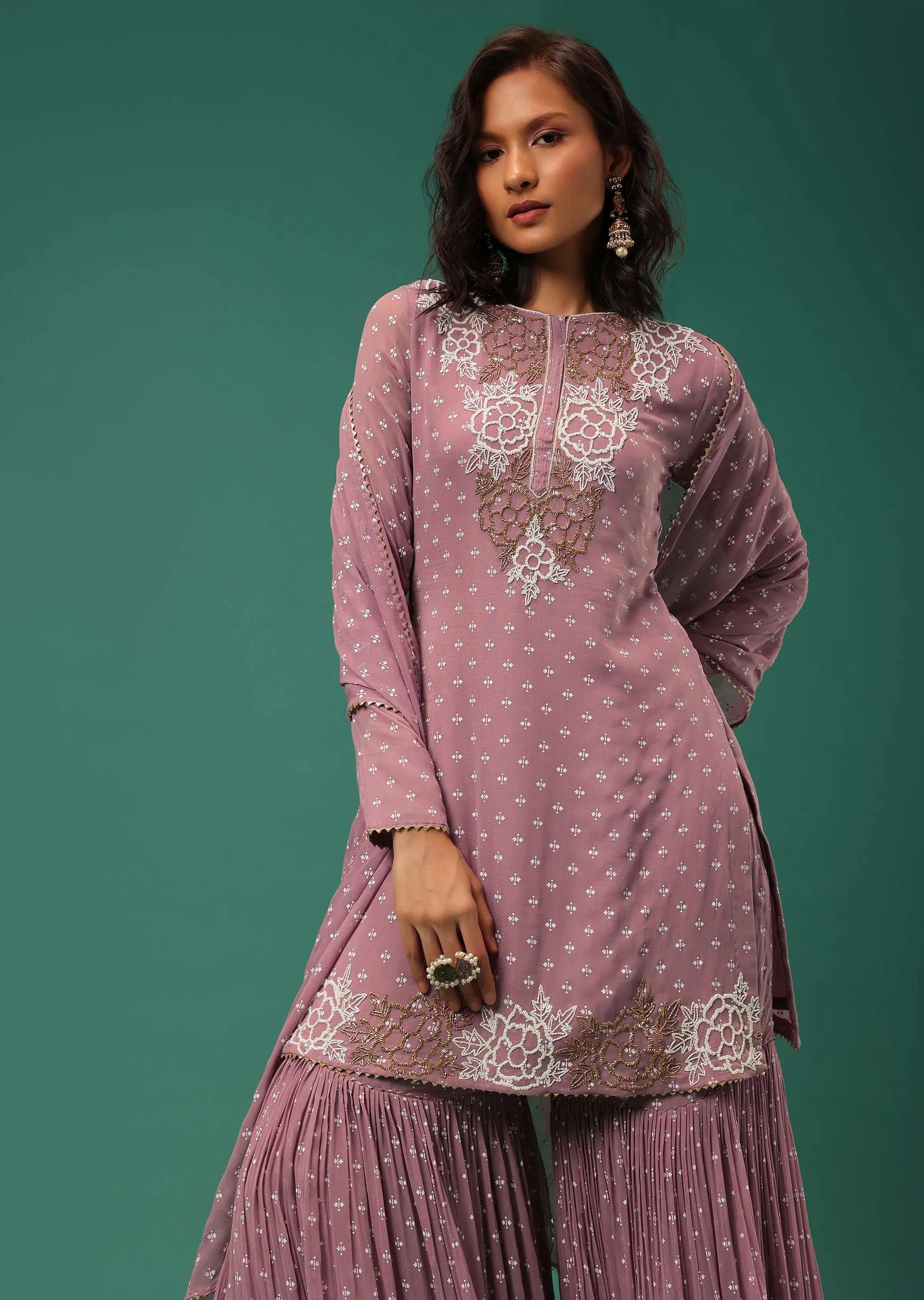 Onion Pink Embroidered Sharara Suit Set In Georgette With Hand Block Print