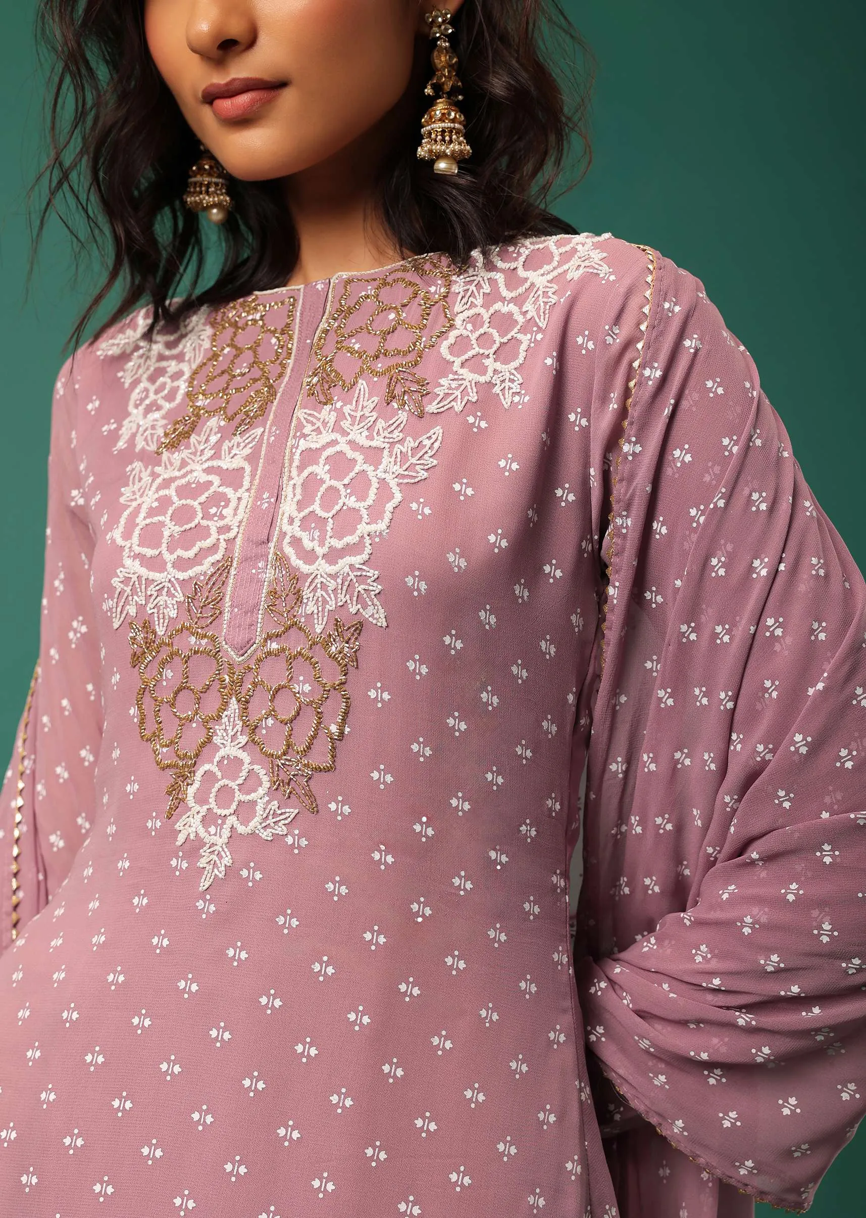 Onion Pink Embroidered Sharara Suit Set In Georgette With Hand Block Print