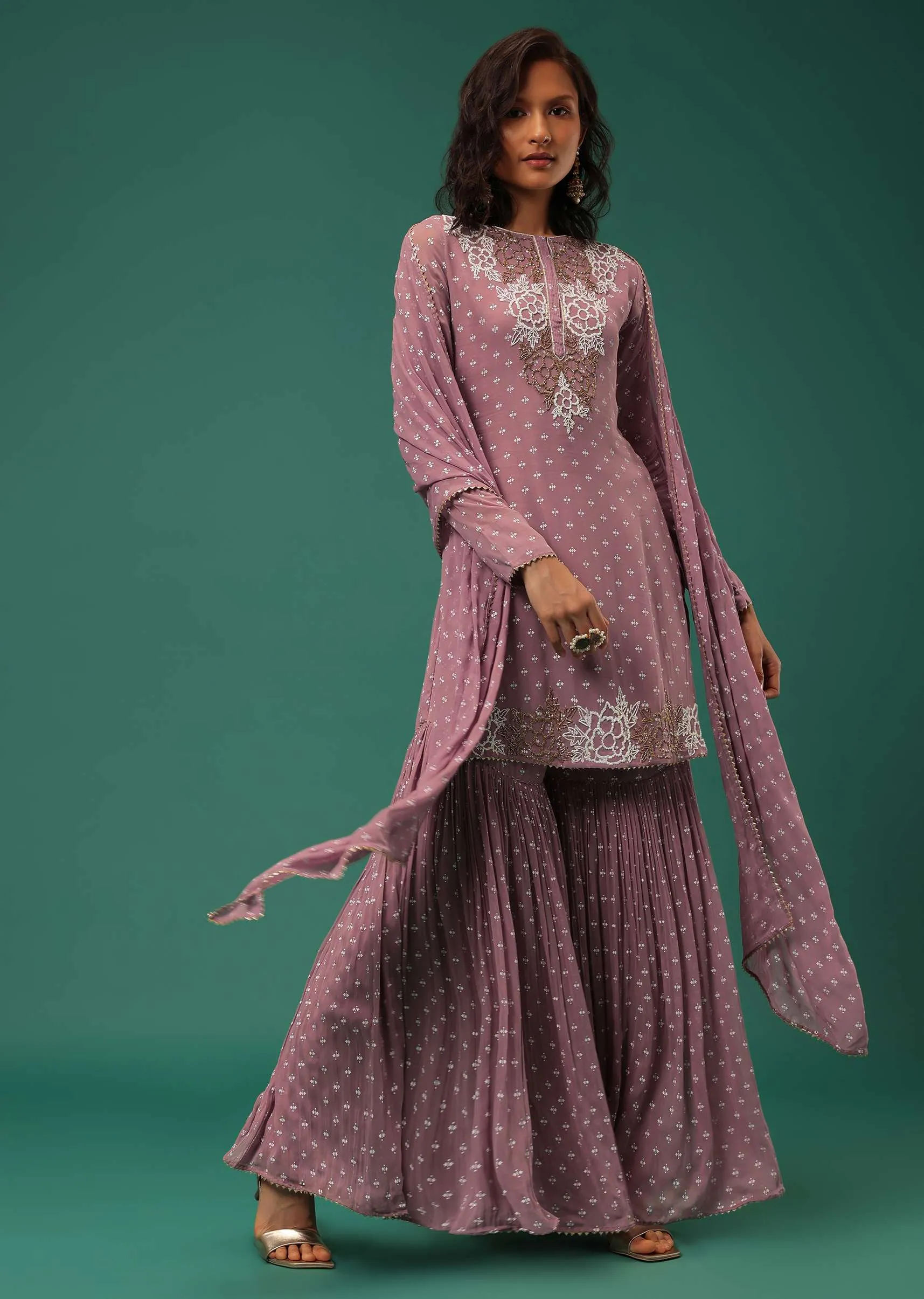 Onion Pink Embroidered Sharara Suit Set In Georgette With Hand Block Print