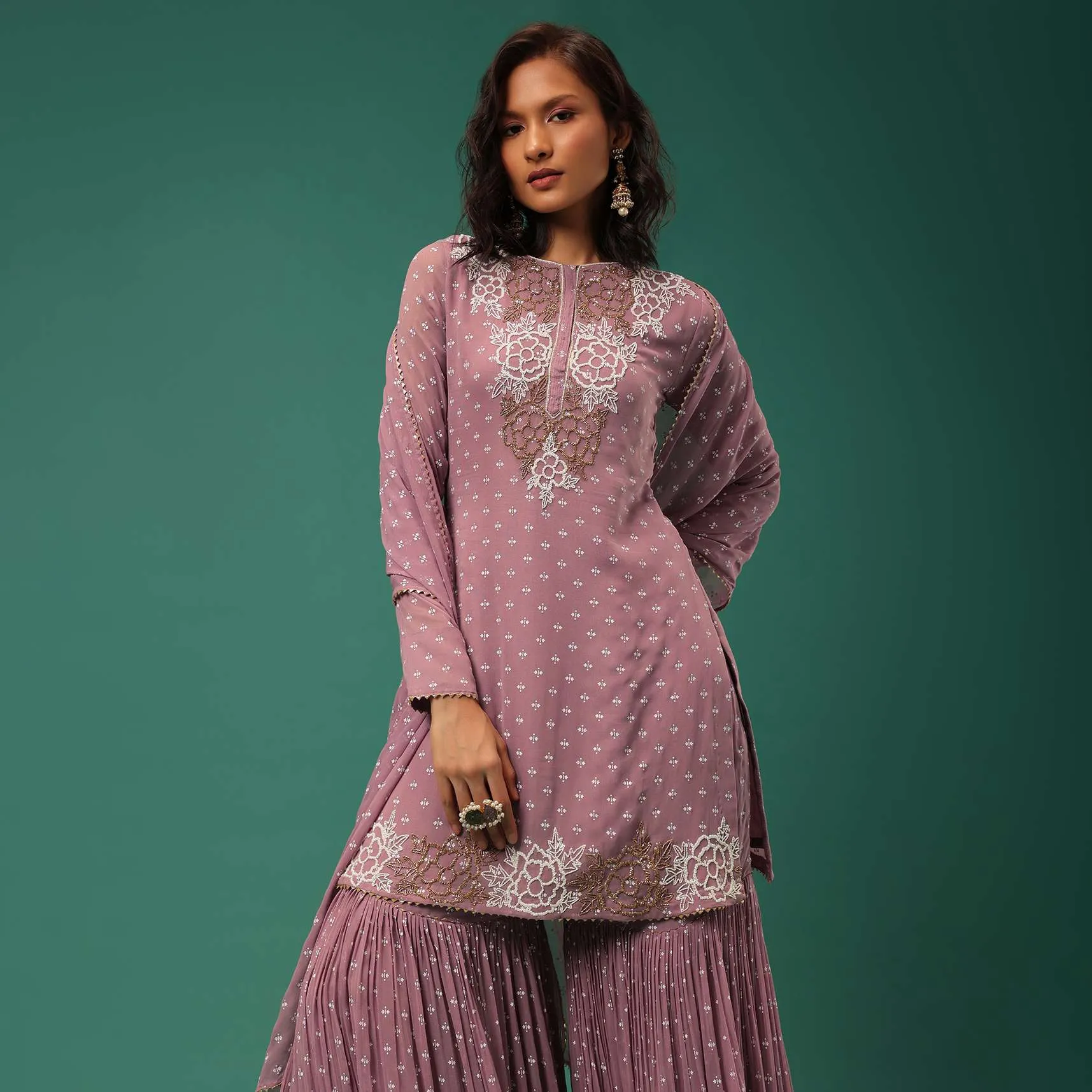 Onion Pink Embroidered Sharara Suit Set In Georgette With Hand Block Print