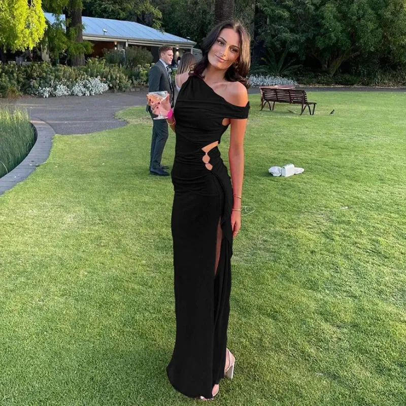Pink Hollow Out Summer Sexy Inclined Shoulder Asymmetrical Sleeveless Elegant Slit Party Maxi Dress