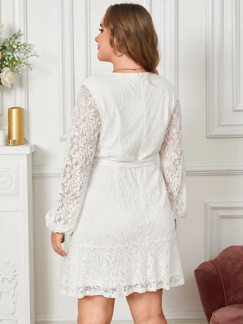 Plus Size Belt Design Lace Crossed Front Design Long Sleeves Dress