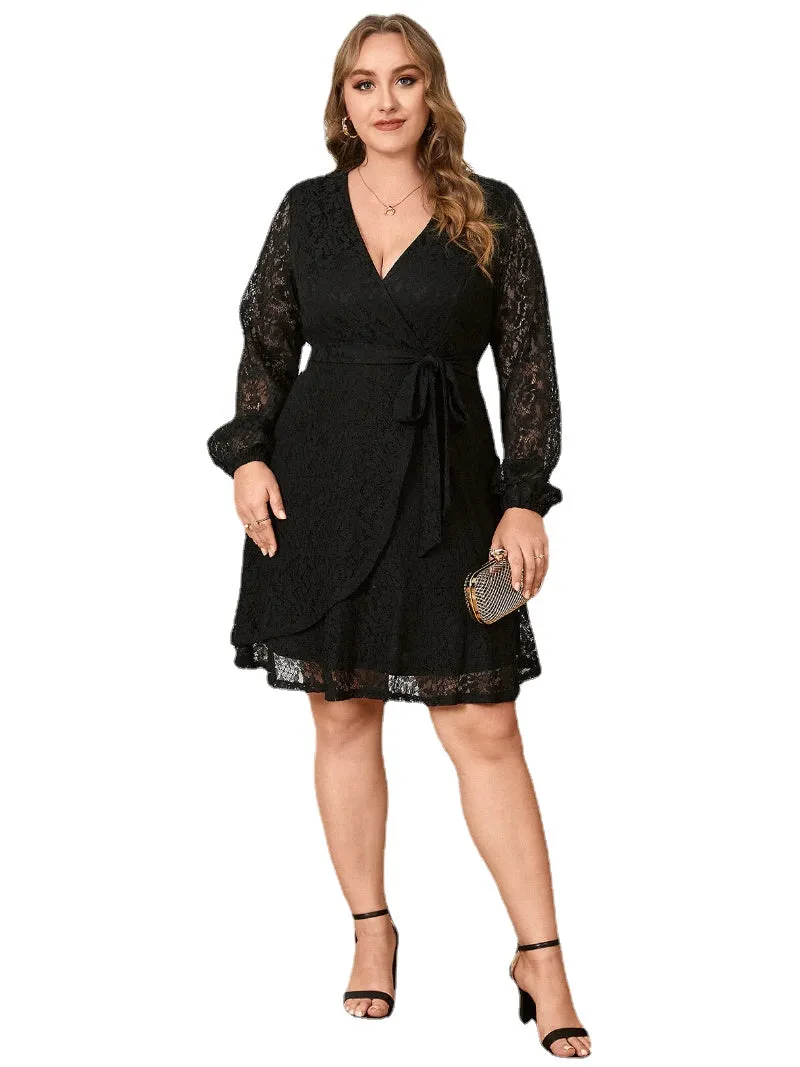 Plus Size Belt Design Lace Crossed Front Design Long Sleeves Dress
