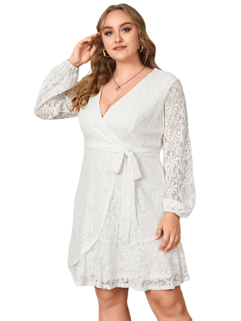 Plus Size Belt Design Lace Crossed Front Design Long Sleeves Dress