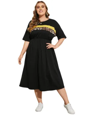 Plus Size Leopard Elastic Waist Patchwork Dress