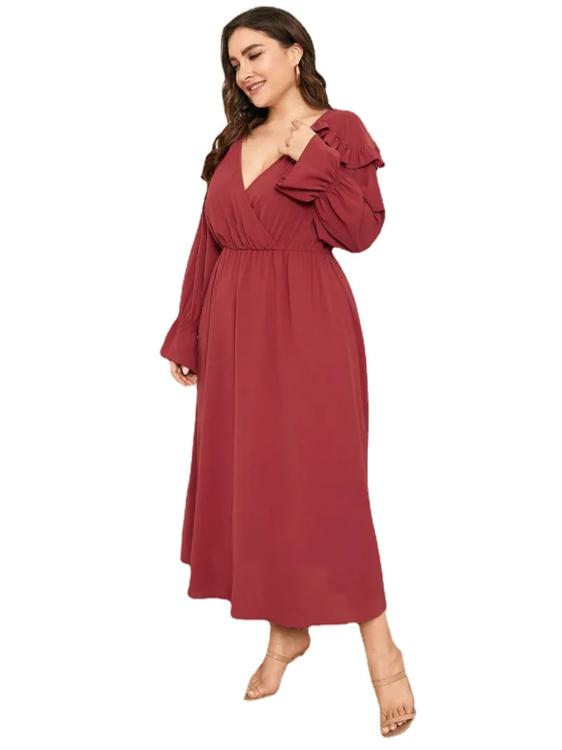Plus Size V-neck Crossed Front Design Ruffle Trim Dress