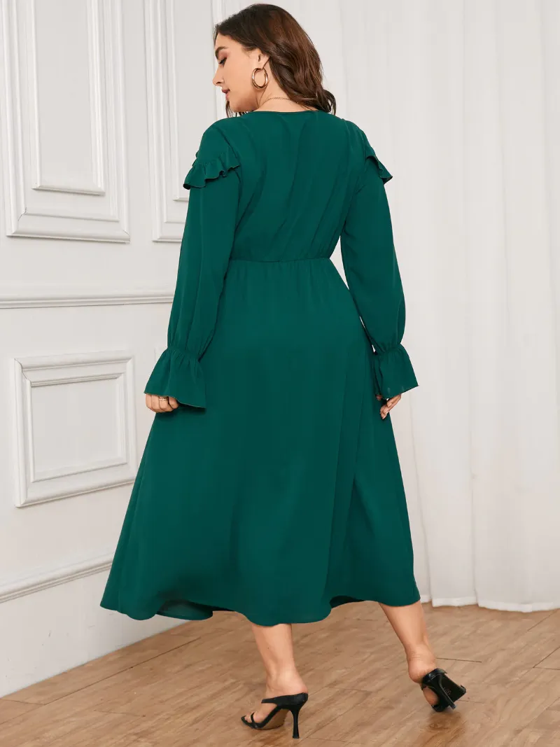 Plus Size V-neck Crossed Front Design Ruffle Trim Dress