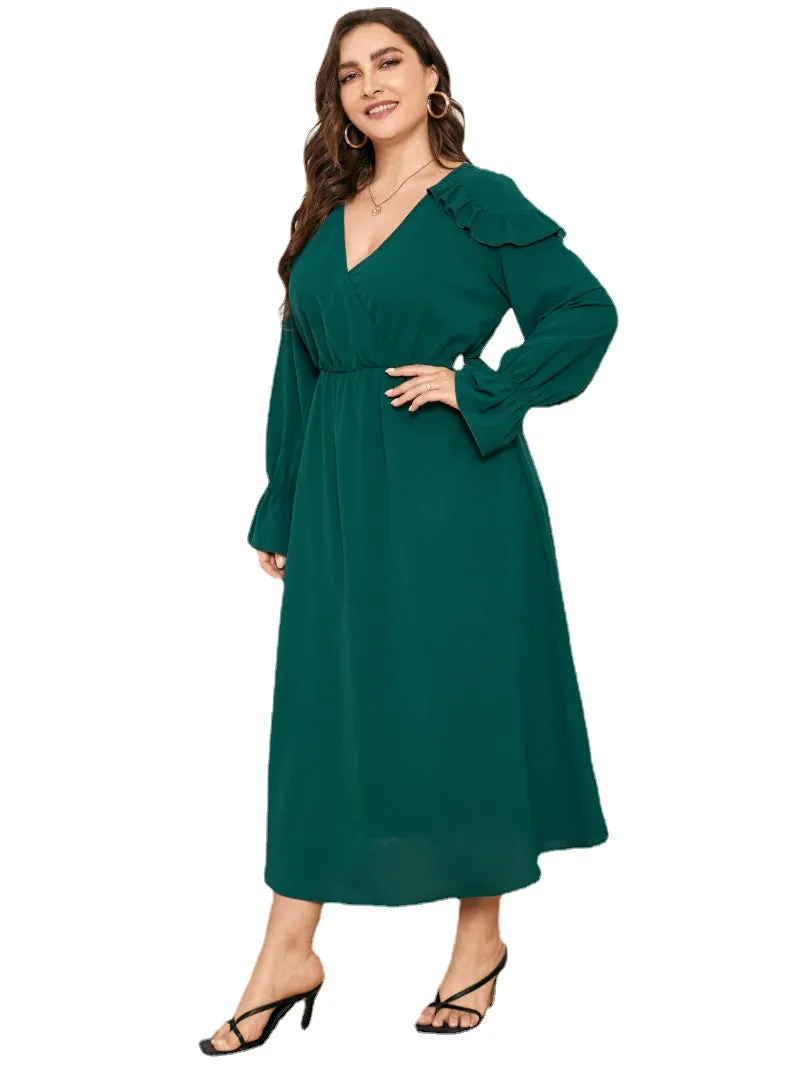 Plus Size V-neck Crossed Front Design Ruffle Trim Dress