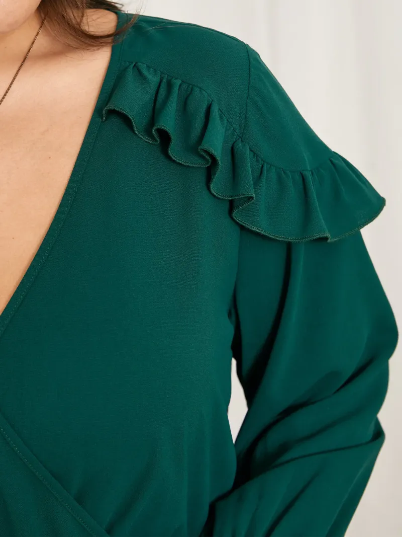 Plus Size V-neck Crossed Front Design Ruffle Trim Dress