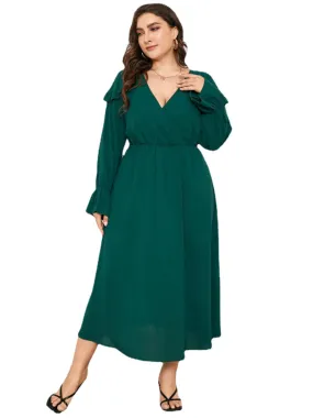 Plus Size V-neck Crossed Front Design Ruffle Trim Dress