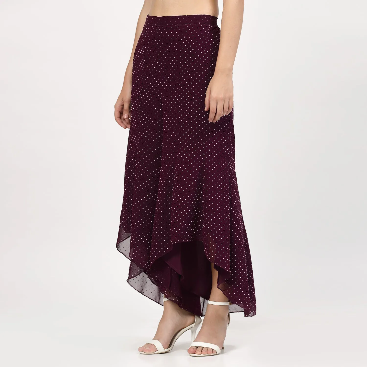 Purple Georgette Asymmetrical Plazzo with Silver Dots