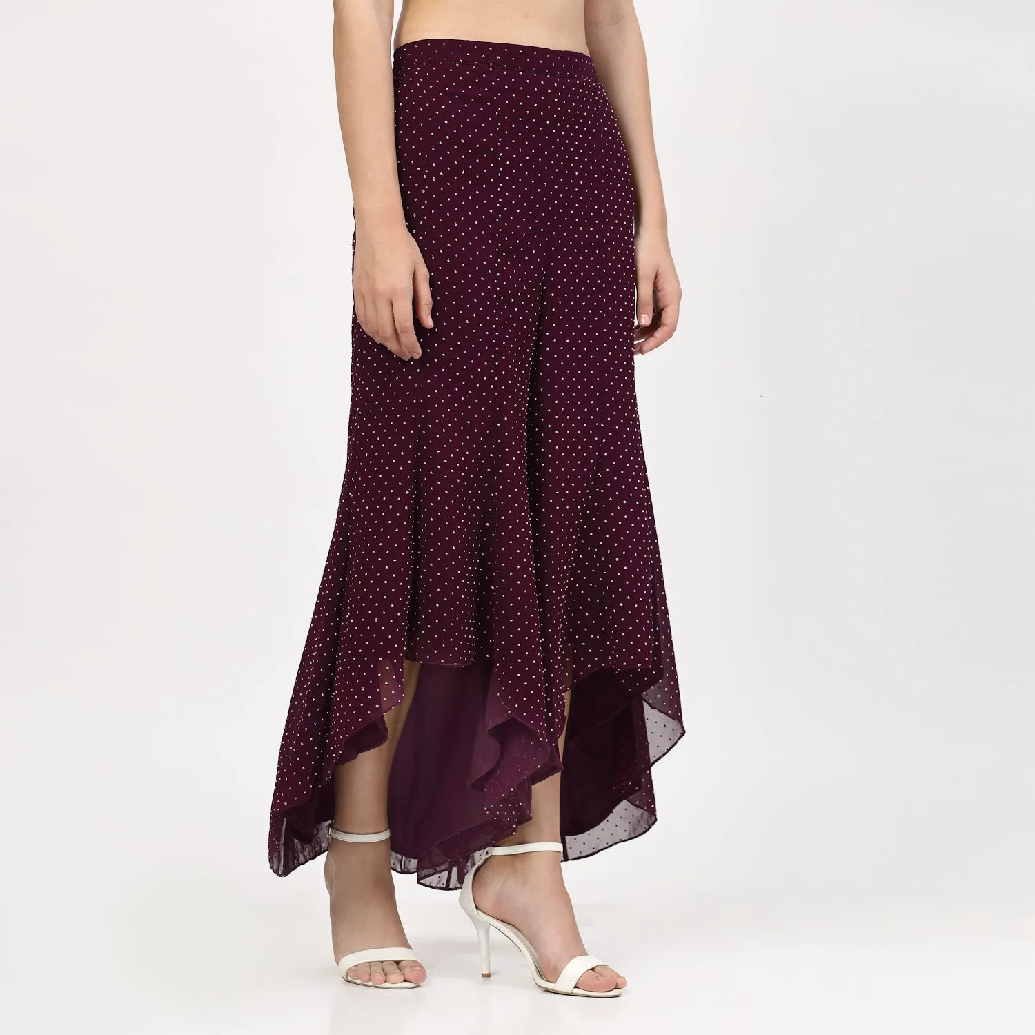 Purple Georgette Asymmetrical Plazzo with Silver Dots