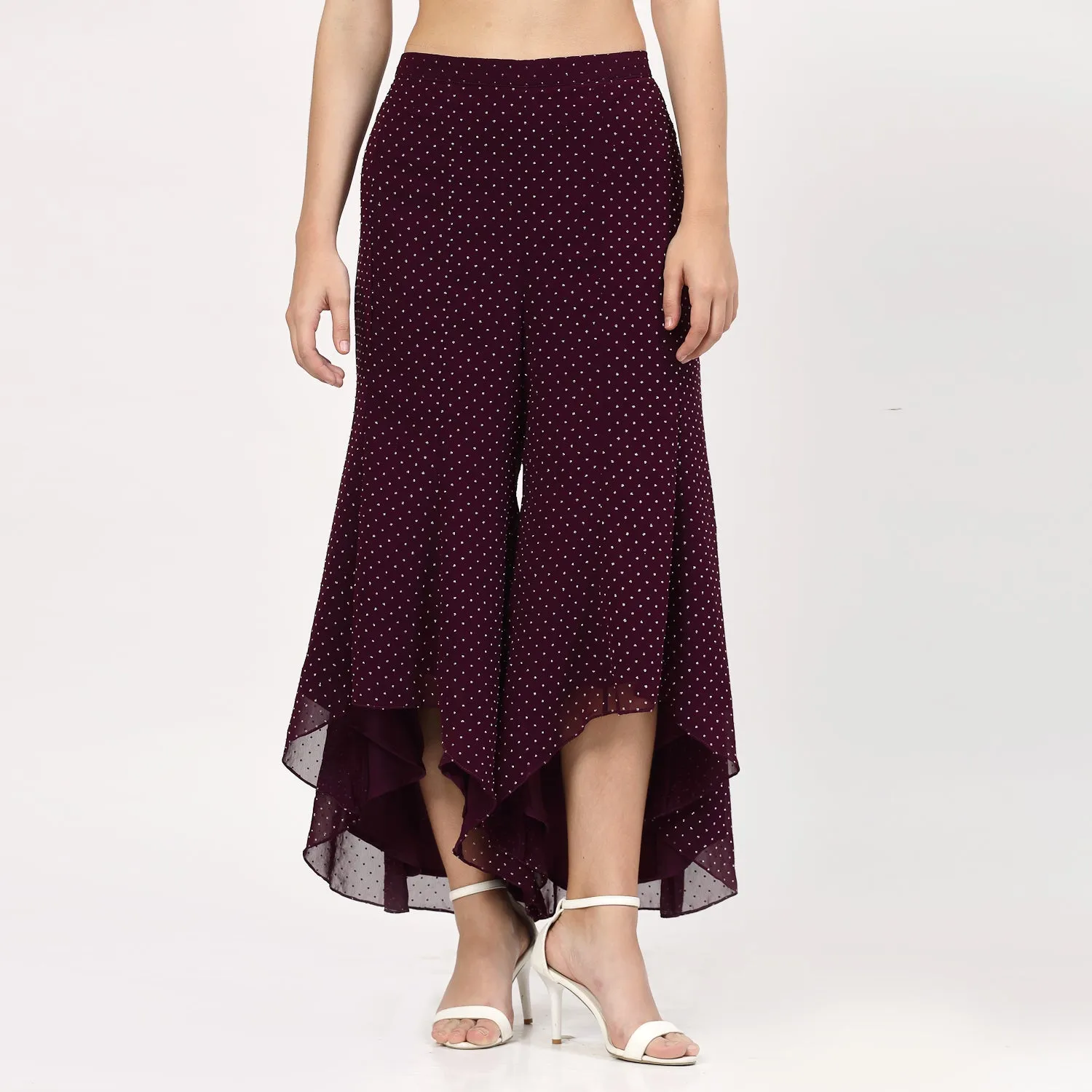 Purple Georgette Asymmetrical Plazzo with Silver Dots