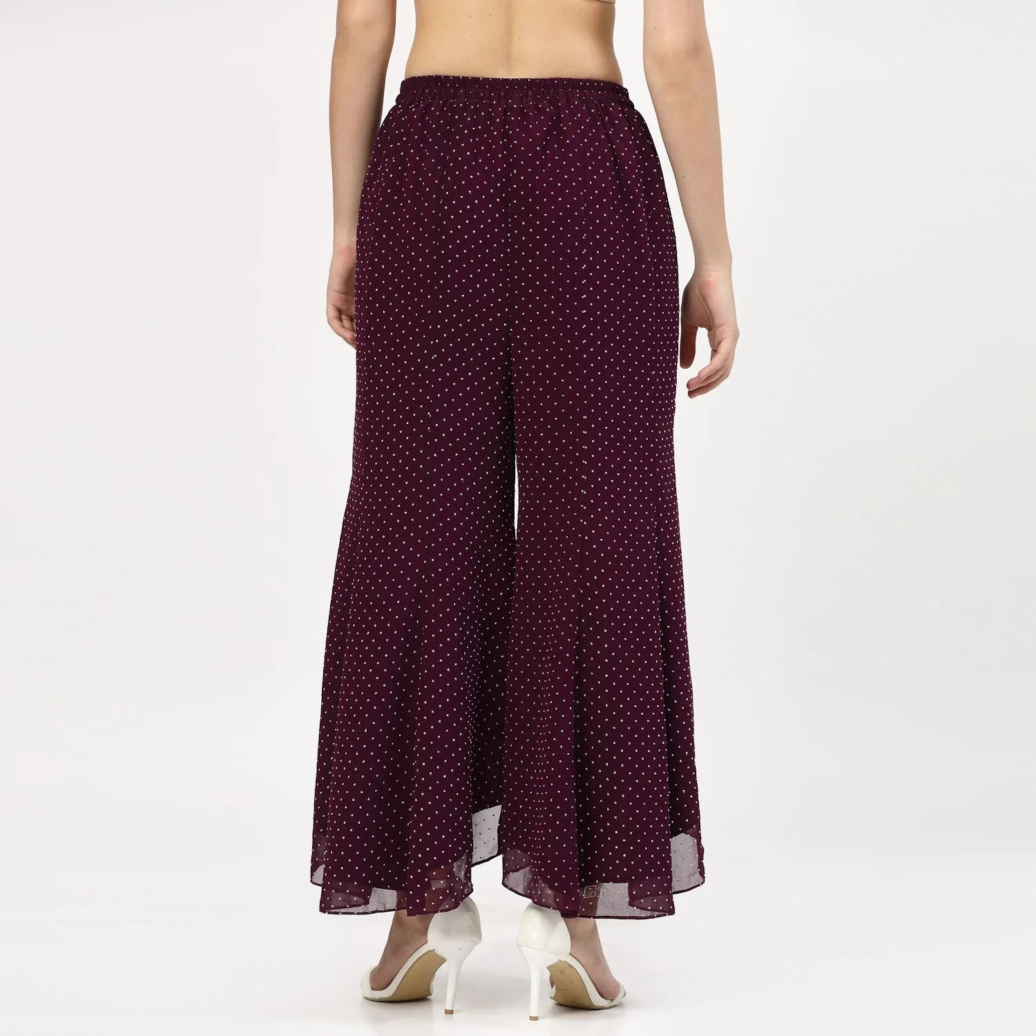 Purple Georgette Asymmetrical Plazzo with Silver Dots