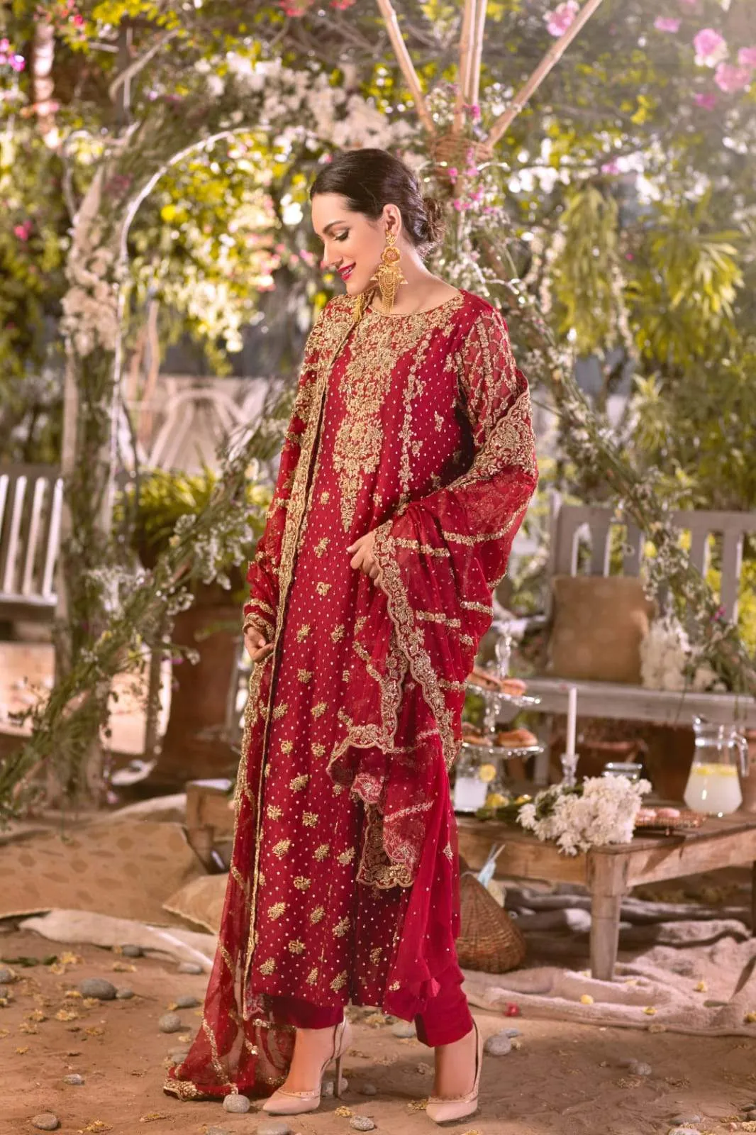 " Meenah " Maroon Bridal ( Long Kameez with Trousers  )