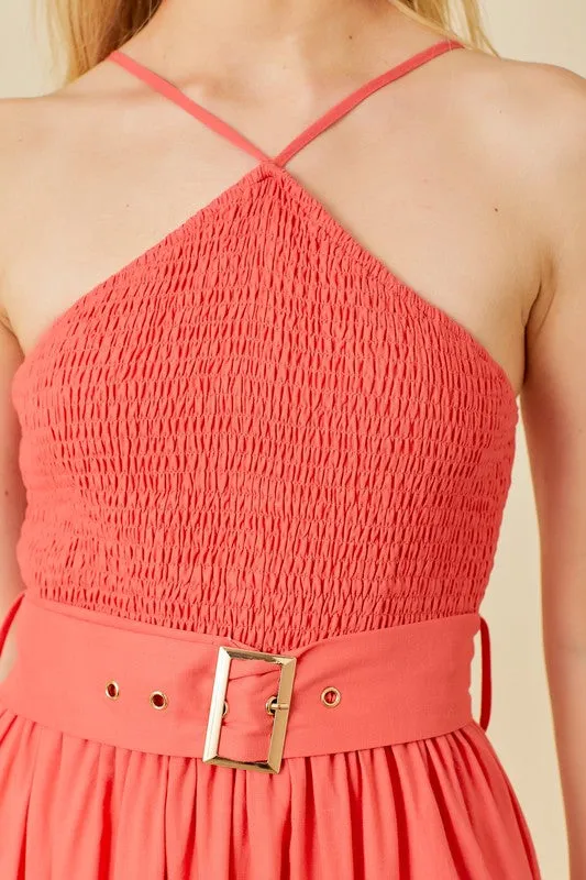 Tomato Smocked Halter Maxi Dress With Belt
