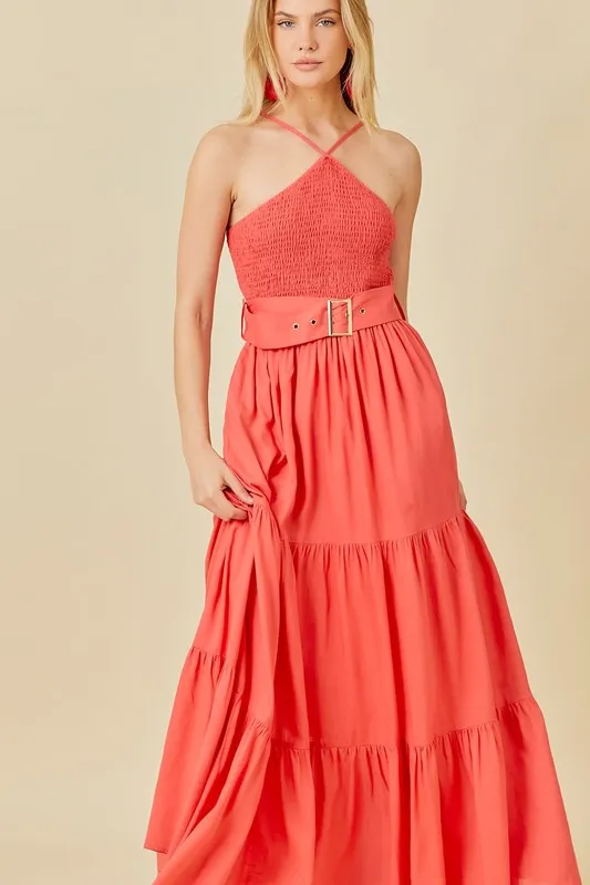 Tomato Smocked Halter Maxi Dress With Belt