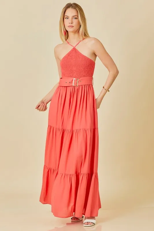 Tomato Smocked Halter Maxi Dress With Belt