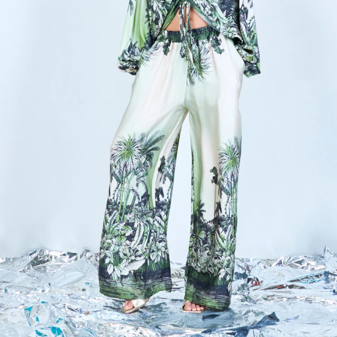 Tropical print silk touch wide-leg pants wholesale