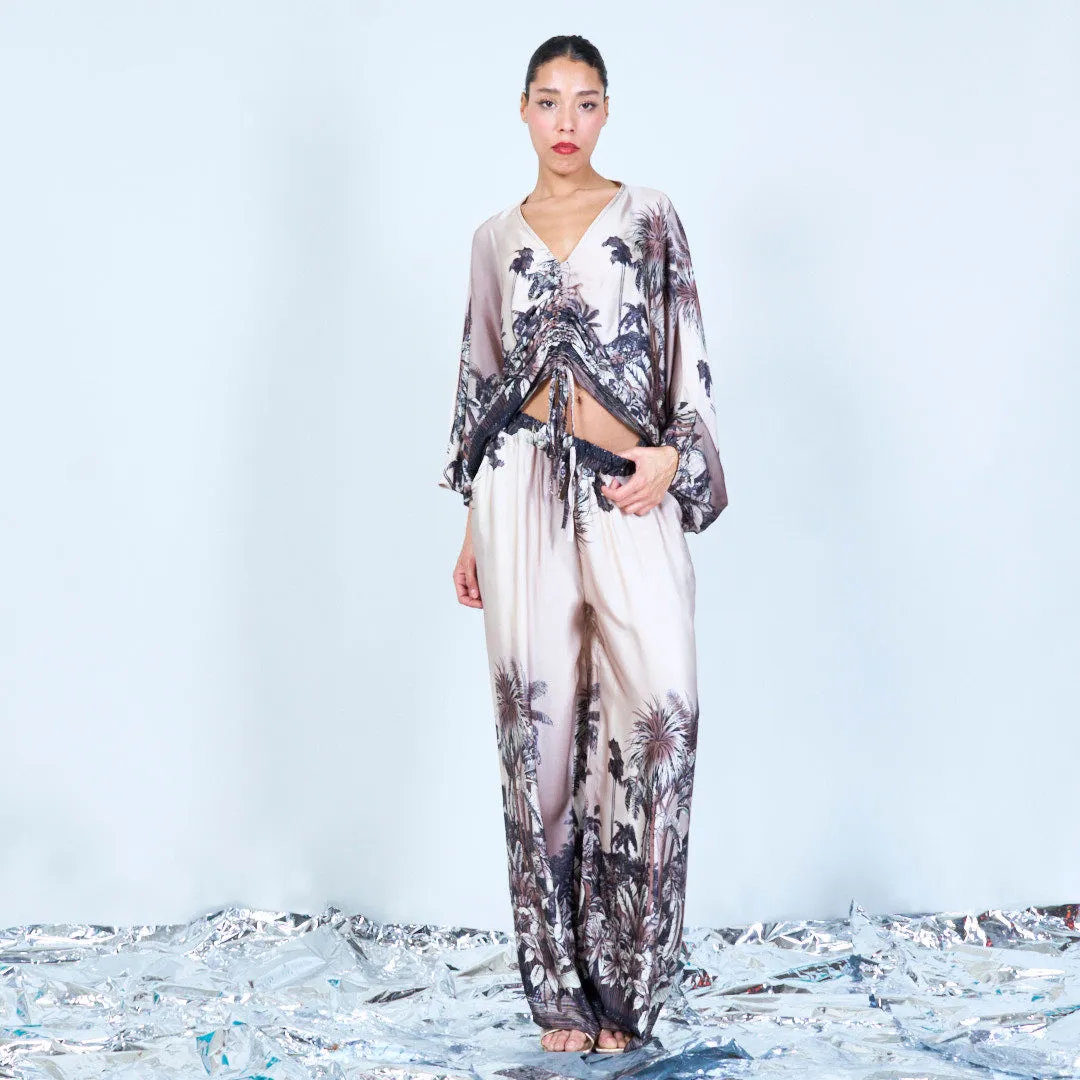 Tropical print silk touch wide-leg pants wholesale