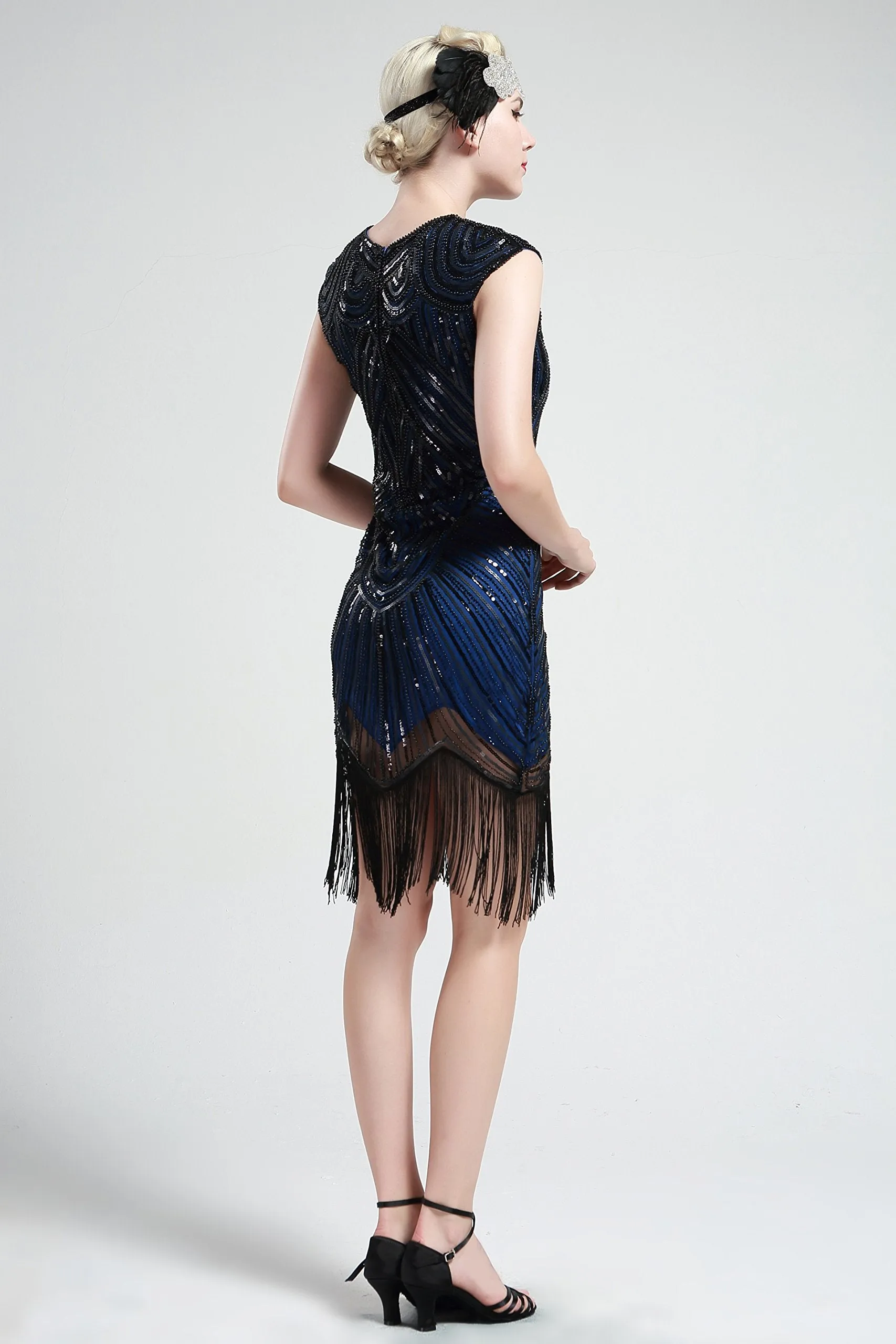 US STOCK Jet Black Flapper Beaded Fringed Great Gatsby Dress