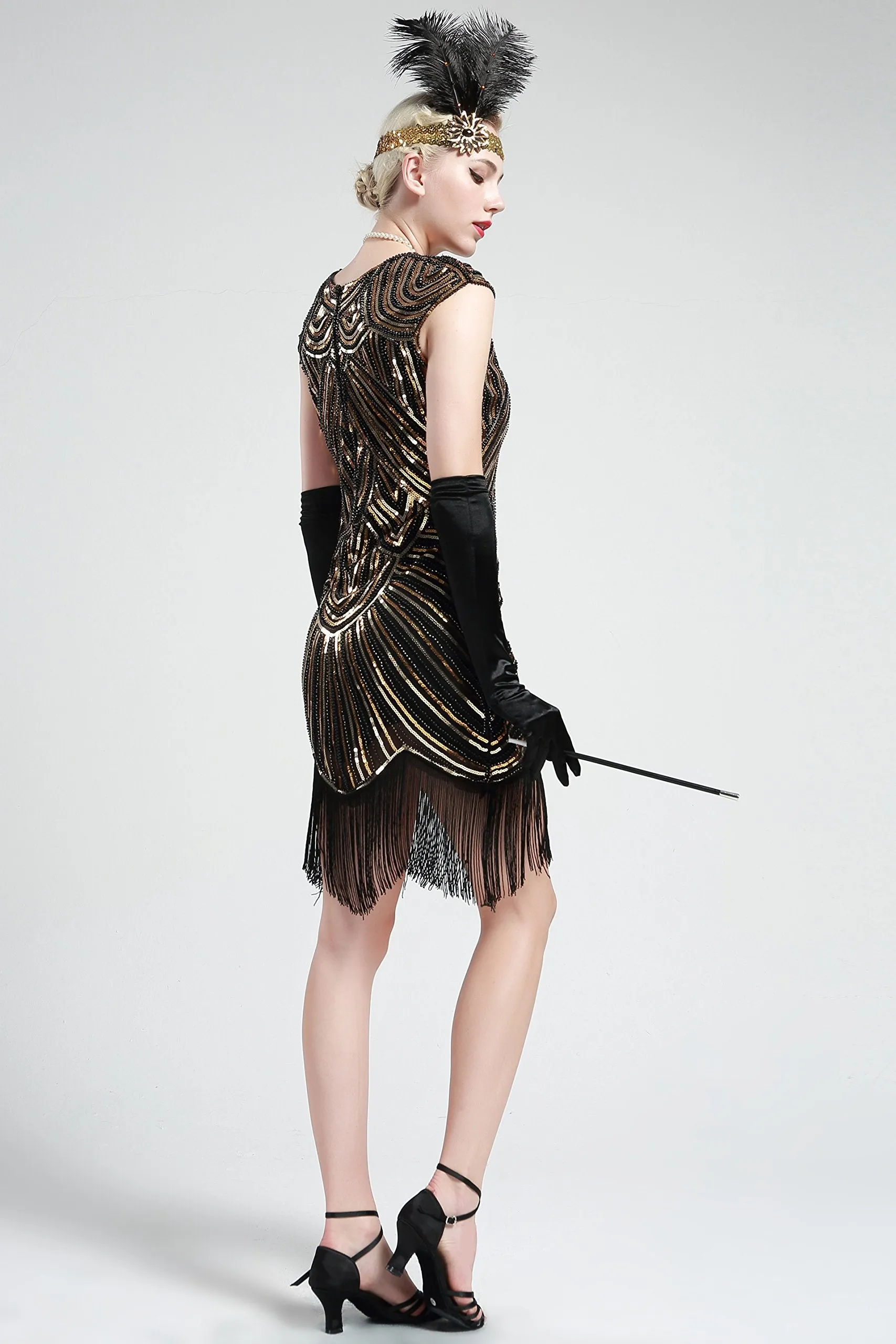 US STOCK Jet Black Flapper Beaded Fringed Great Gatsby Dress