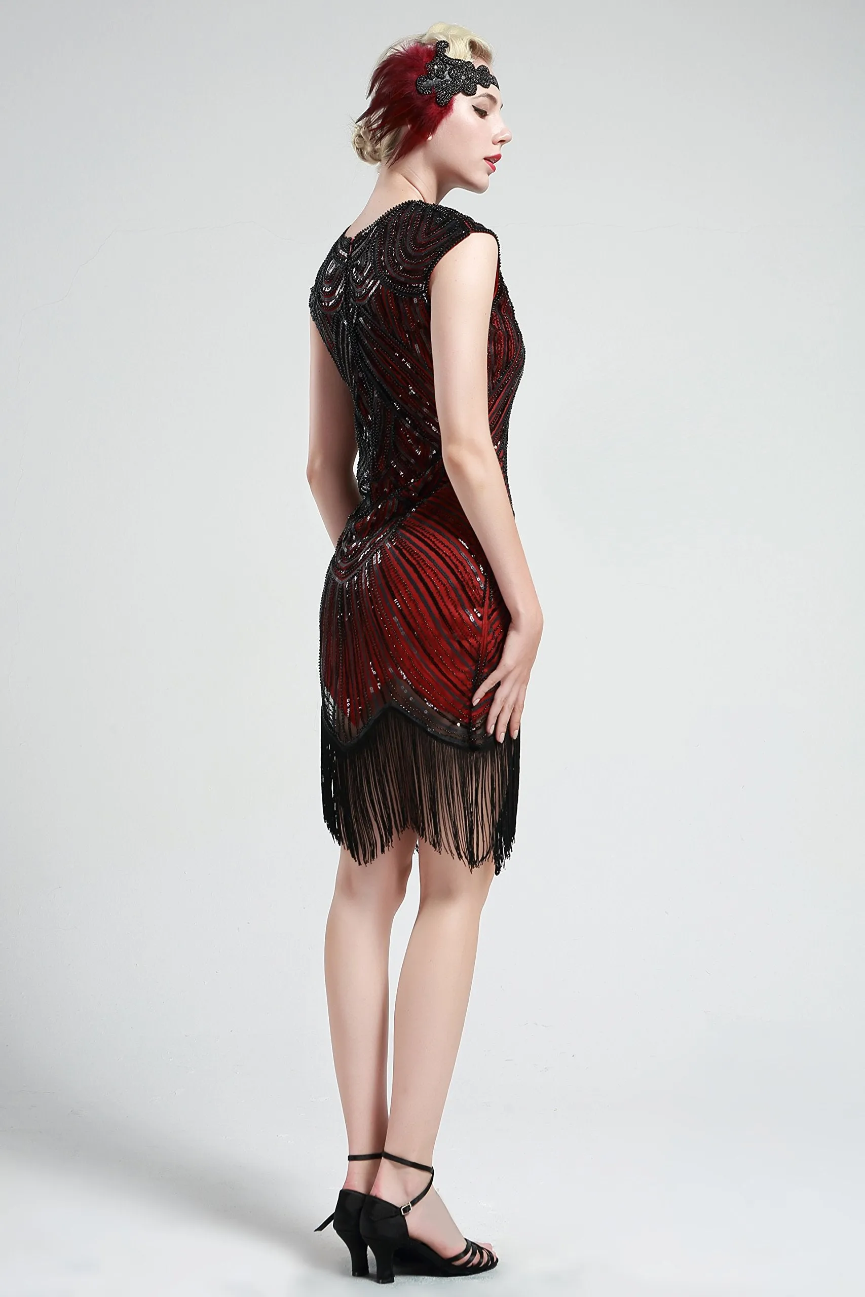 US STOCK Jet Black Flapper Beaded Fringed Great Gatsby Dress