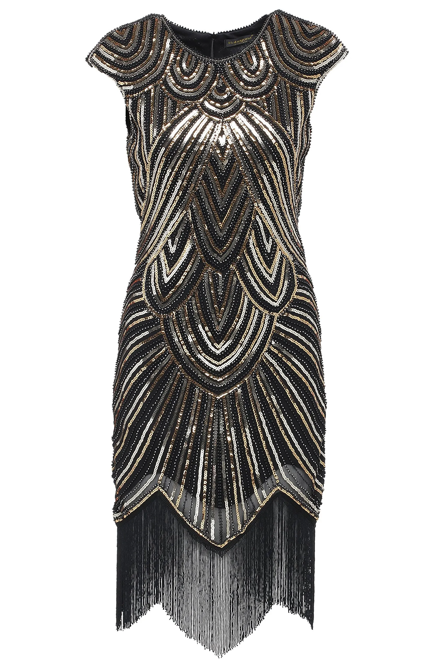US STOCK Jet Black Flapper Beaded Fringed Great Gatsby Dress