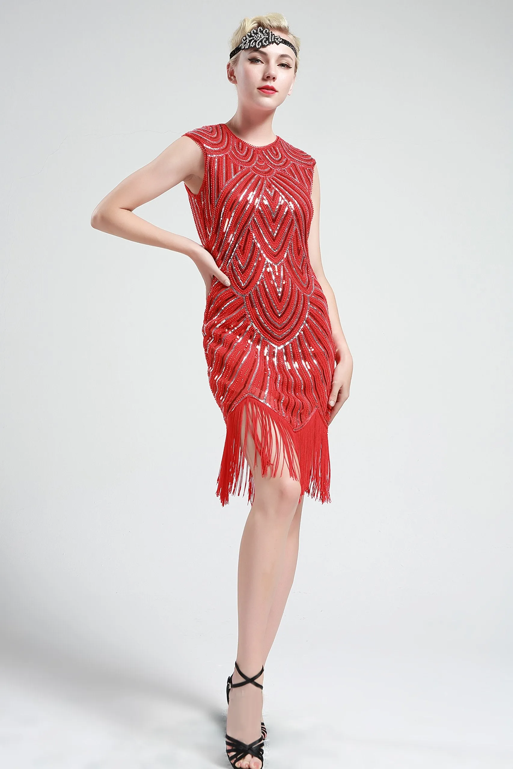 US STOCK Jet Black Flapper Beaded Fringed Great Gatsby Dress