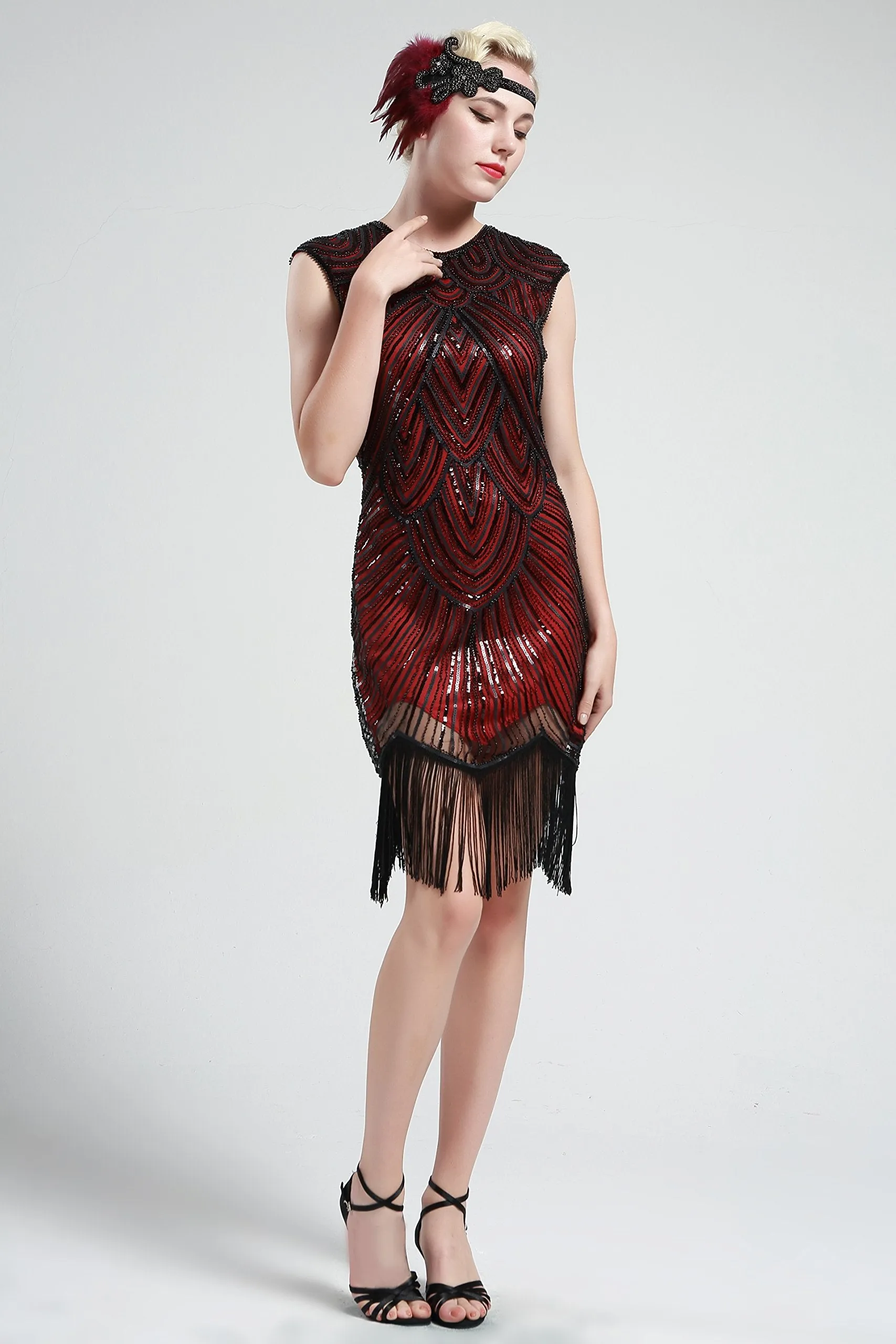 US STOCK Jet Black Flapper Beaded Fringed Great Gatsby Dress
