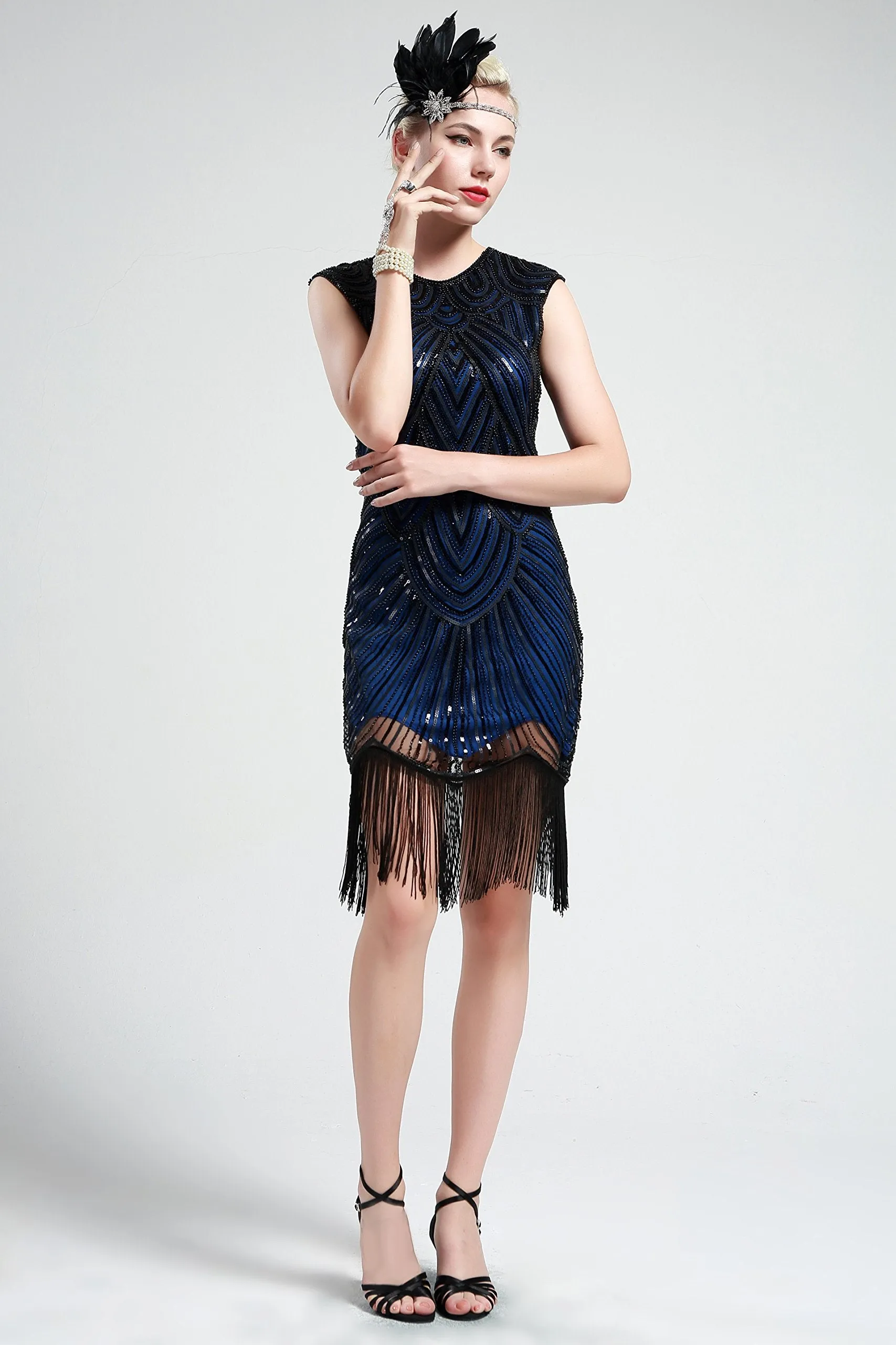 US STOCK Jet Black Flapper Beaded Fringed Great Gatsby Dress