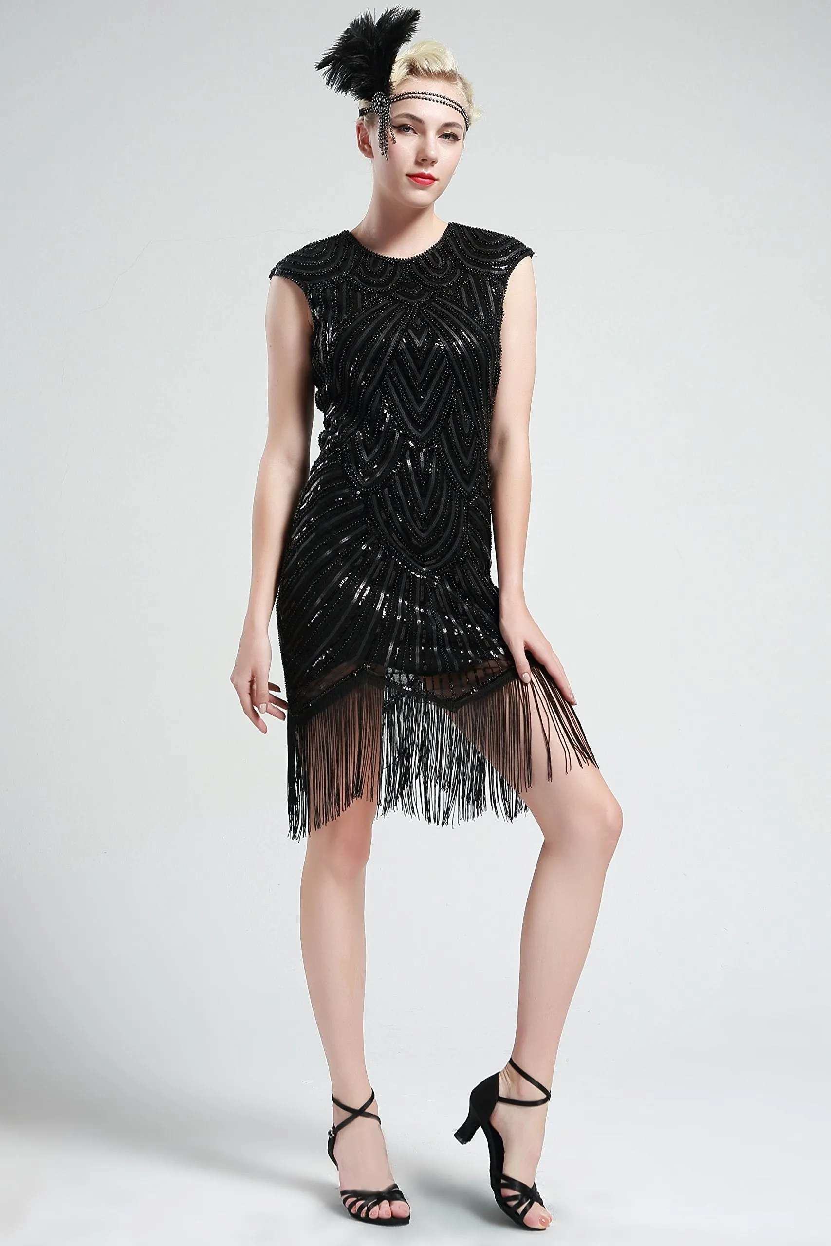 US STOCK Jet Black Flapper Beaded Fringed Great Gatsby Dress