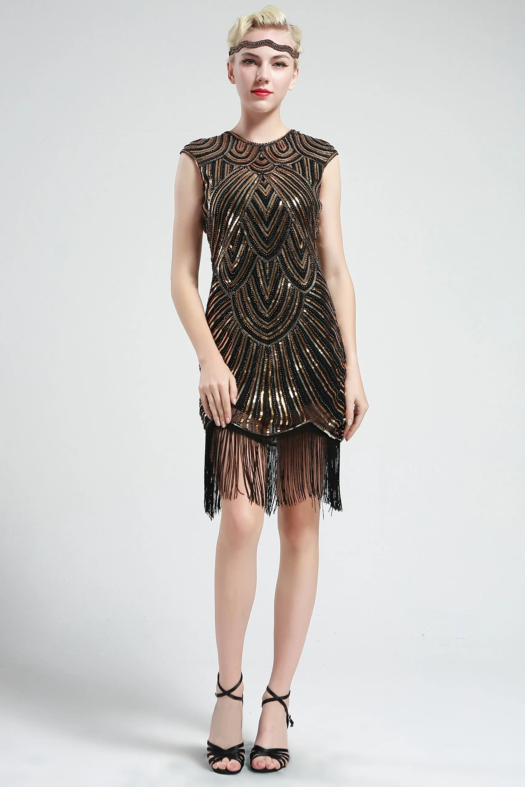 US STOCK Jet Black Flapper Beaded Fringed Great Gatsby Dress