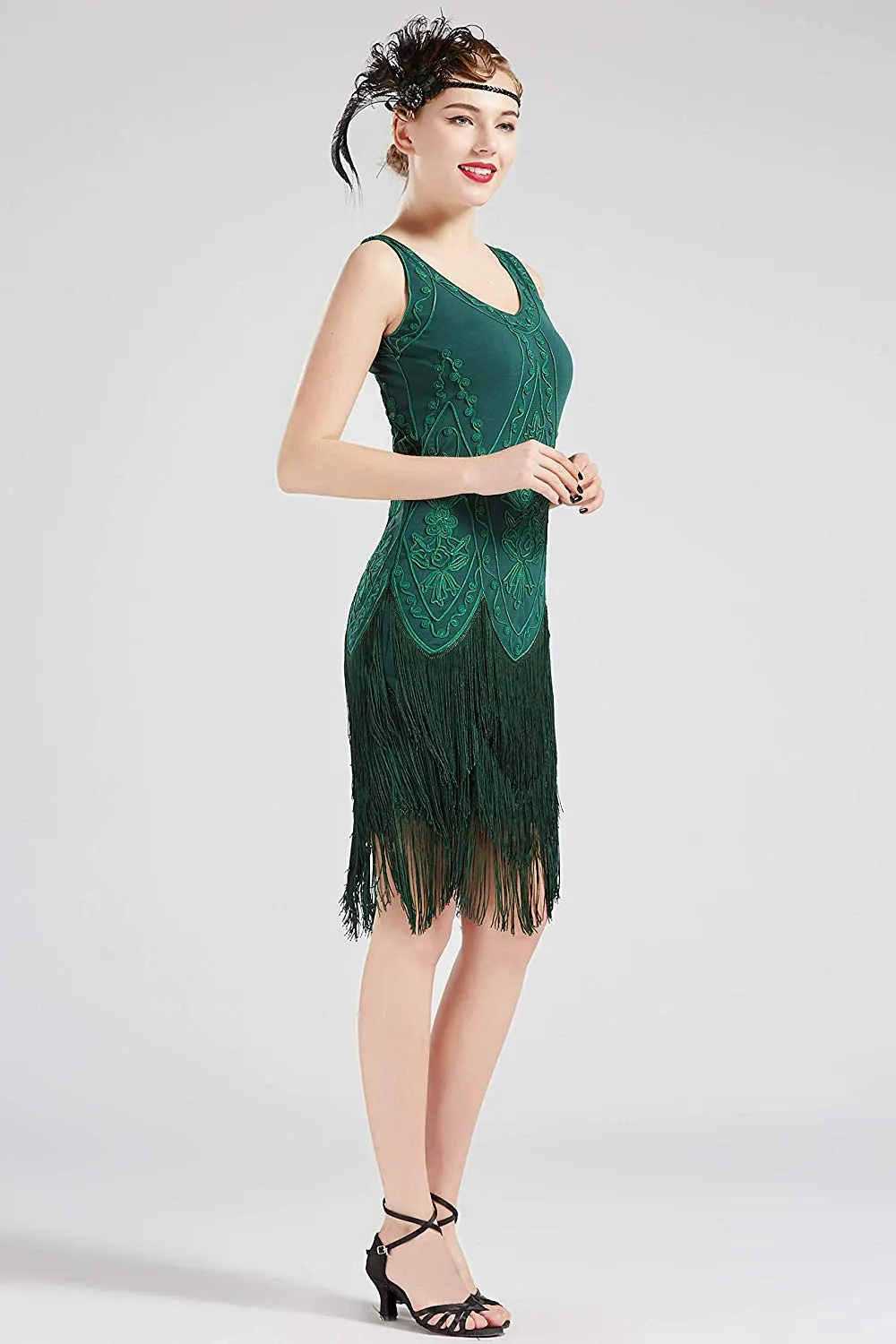 US STOCK Vintage 1920s Green Unique Flapper Dress Roaring 20s Great Gatsby Fringed Dress