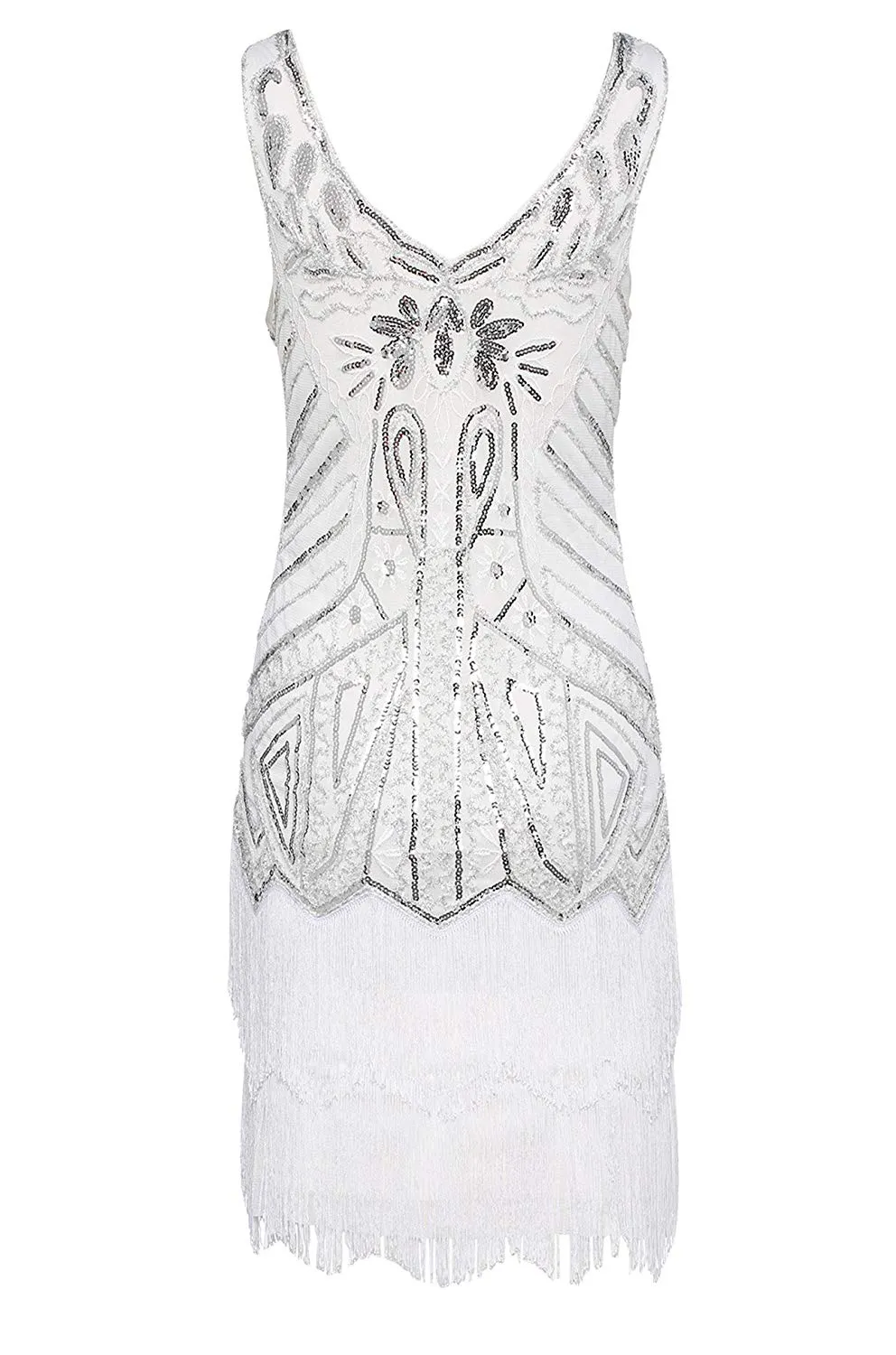 US STOCK Vintage Flapper Unique 1920s White Beaded Fringed Great Gatsby wedding Dress