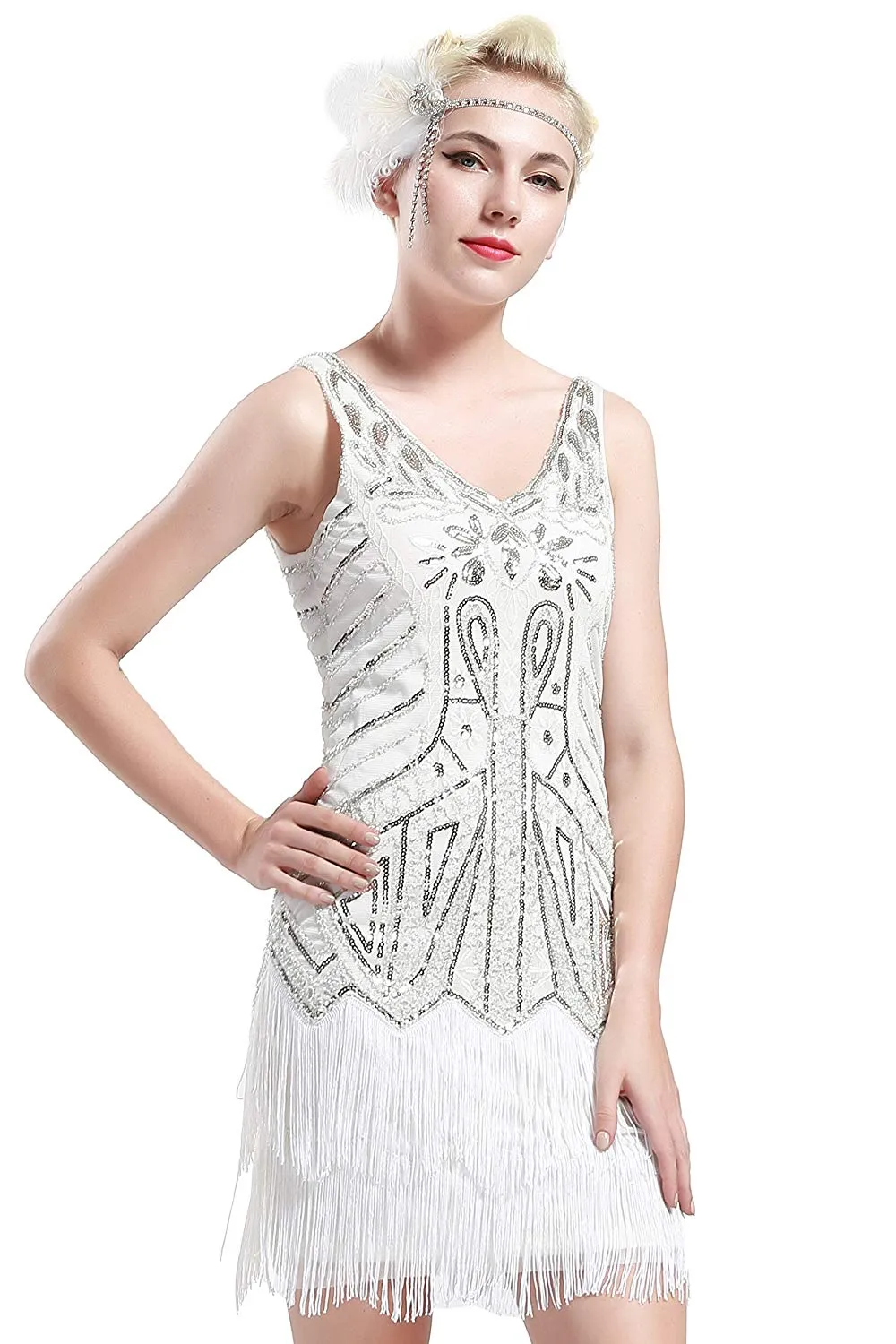US STOCK Vintage Flapper Unique 1920s White Beaded Fringed Great Gatsby wedding Dress