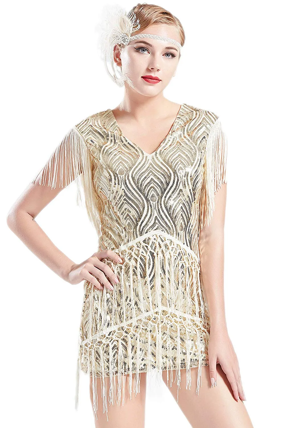 US STOCK Vintage Ivory 1920s Unique Flapper Dress Long Fringed Gatsby Dress Roaring 20s Sequins Beaded Dress Vintage Art Deco Dress