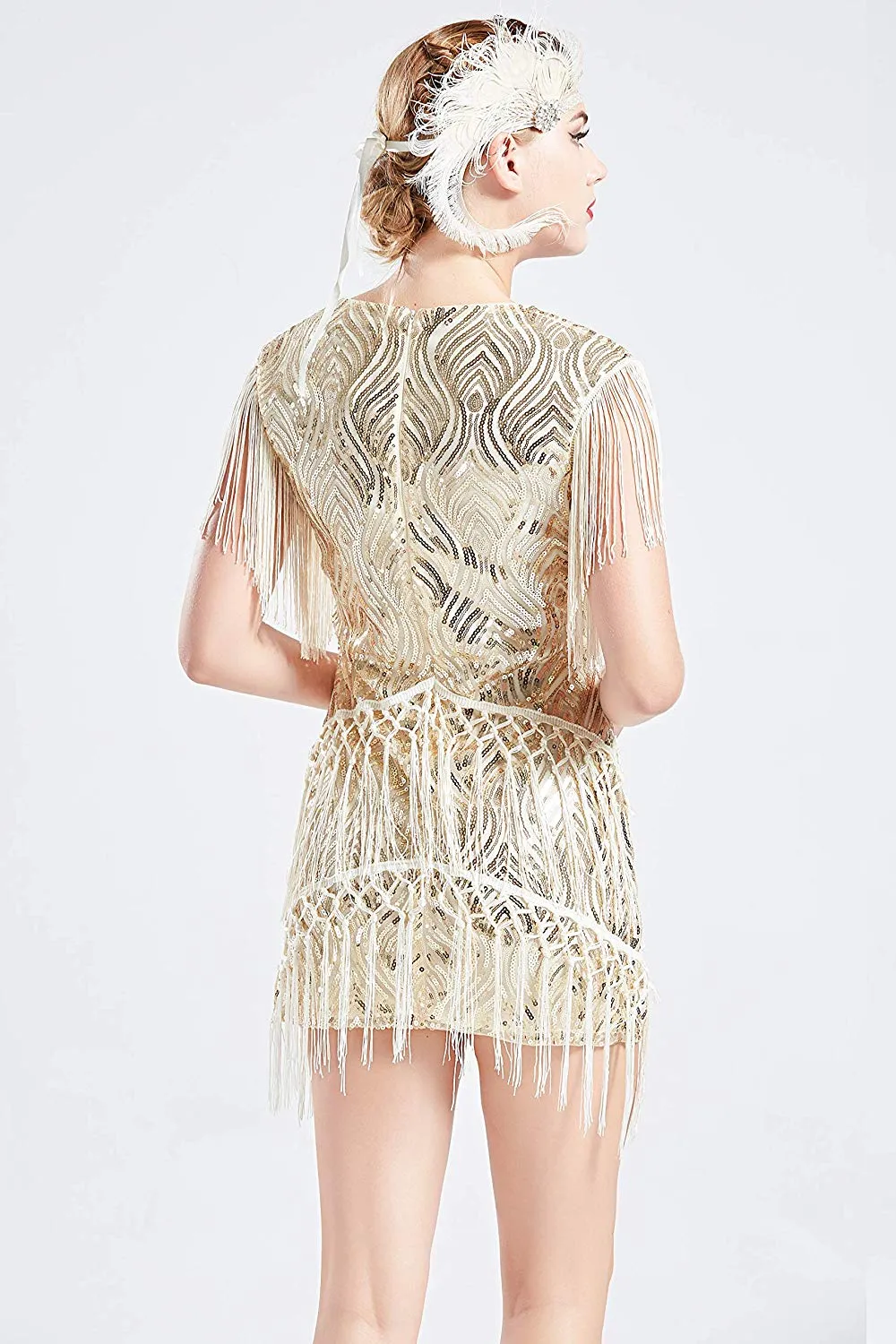 US STOCK Vintage Ivory 1920s Unique Flapper Dress Long Fringed Gatsby Dress Roaring 20s Sequins Beaded Dress Vintage Art Deco Dress