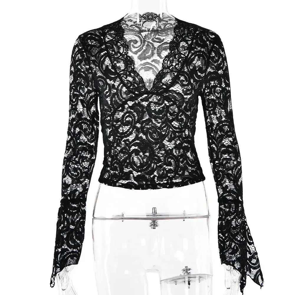 V-neck Long Sleeve Lace Skinny Tops