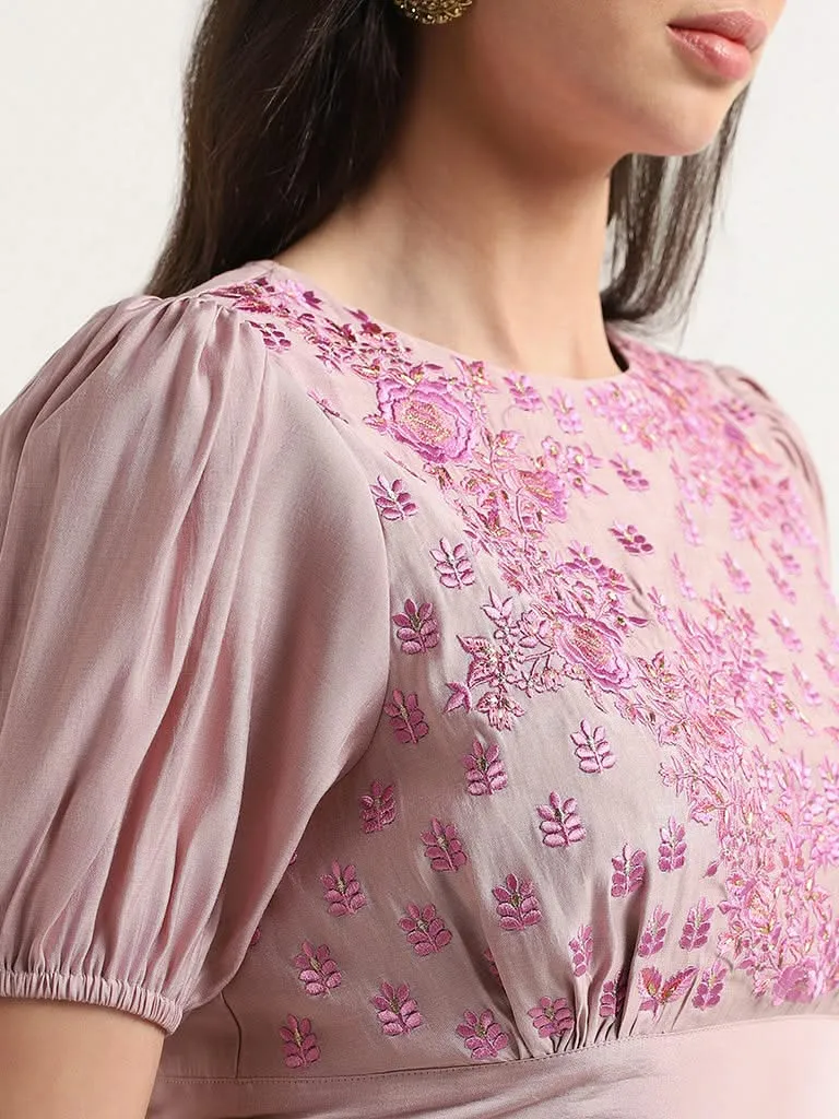 Vark Mauve Floral Embroidered Crop Top & Palazzos Set